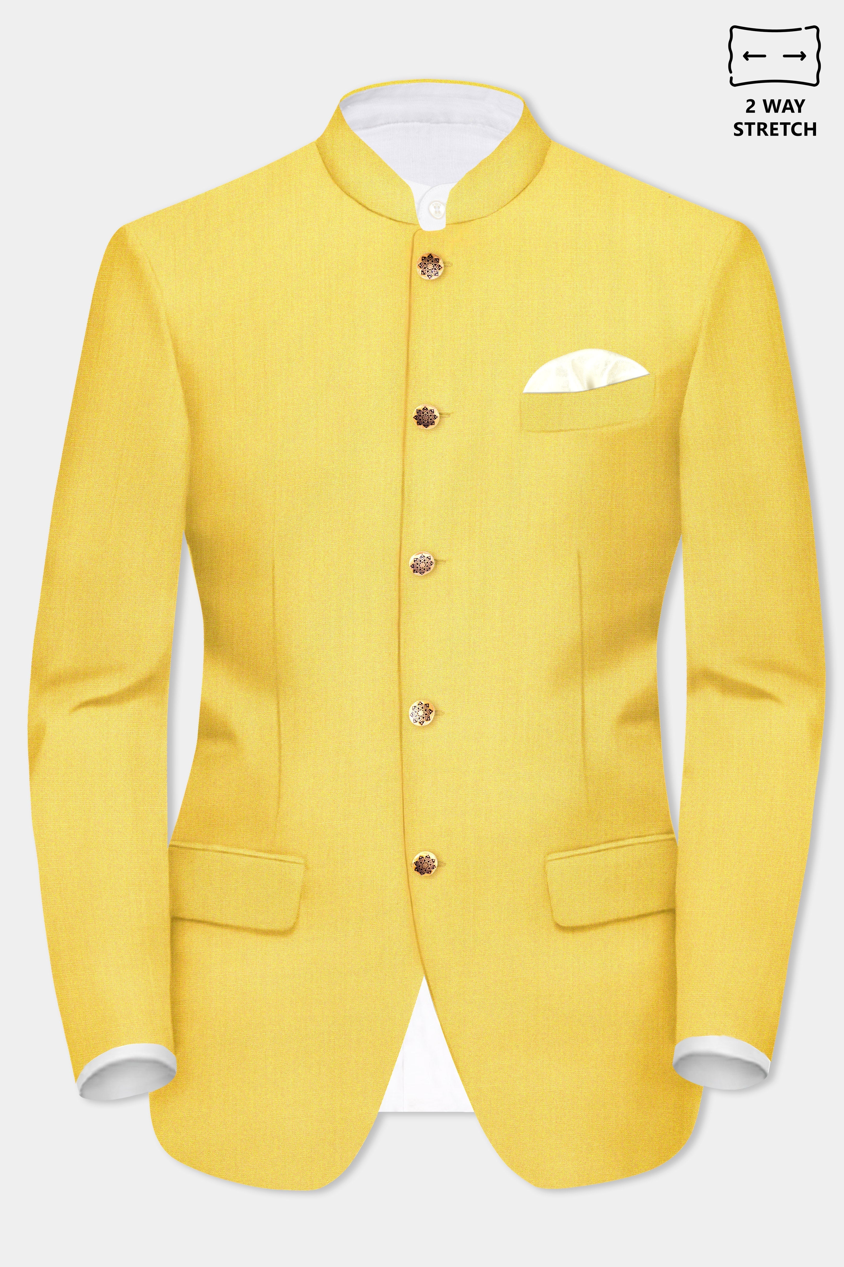 Saffron Elegance-Lemon Yellow Solid Wool Rich Bandhgala Stretchable traveler Suit