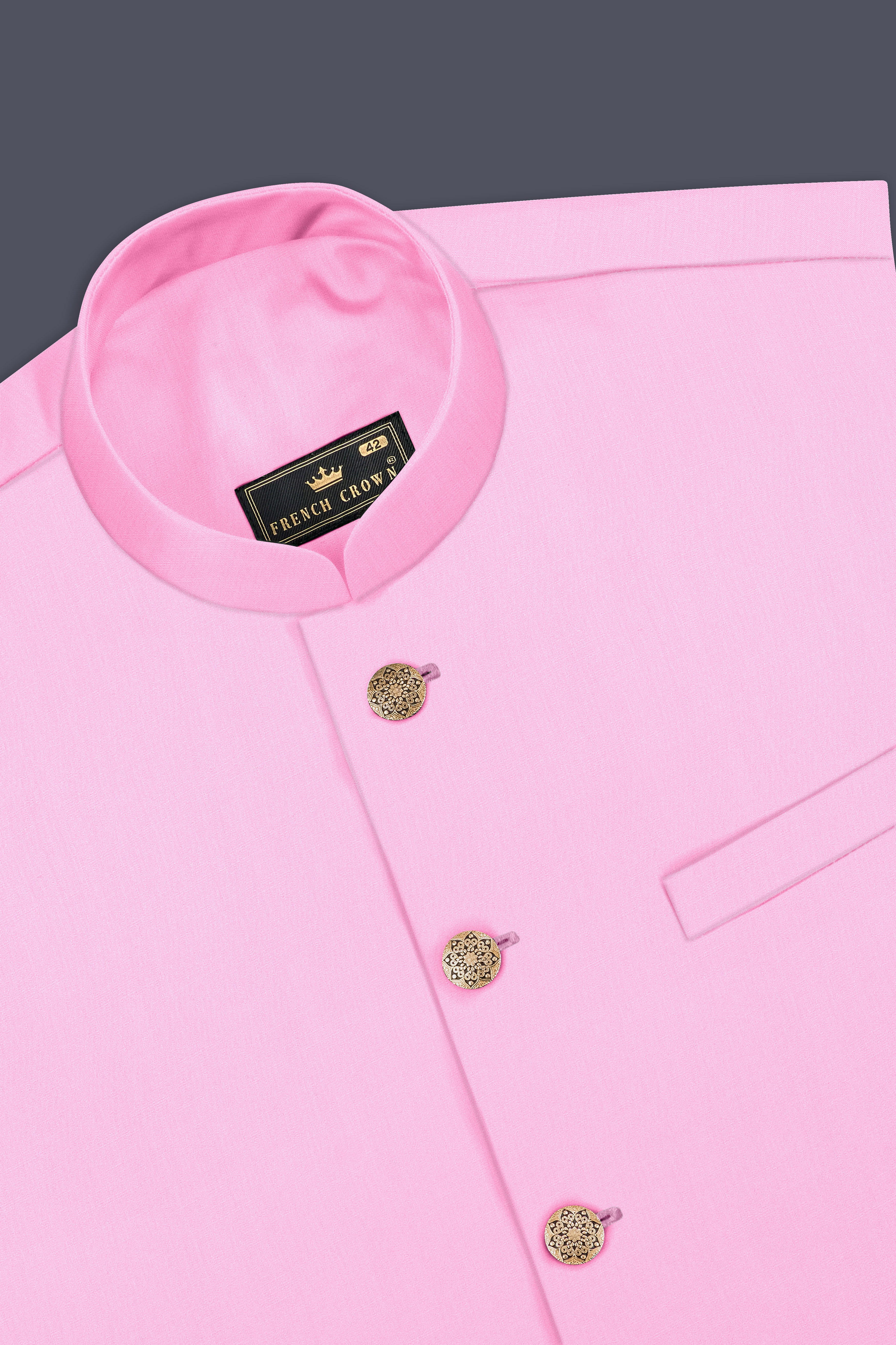 Rosé Reverie-Pestel Pink Solid Wool Rich Bandhgala Slight Stretch Suit