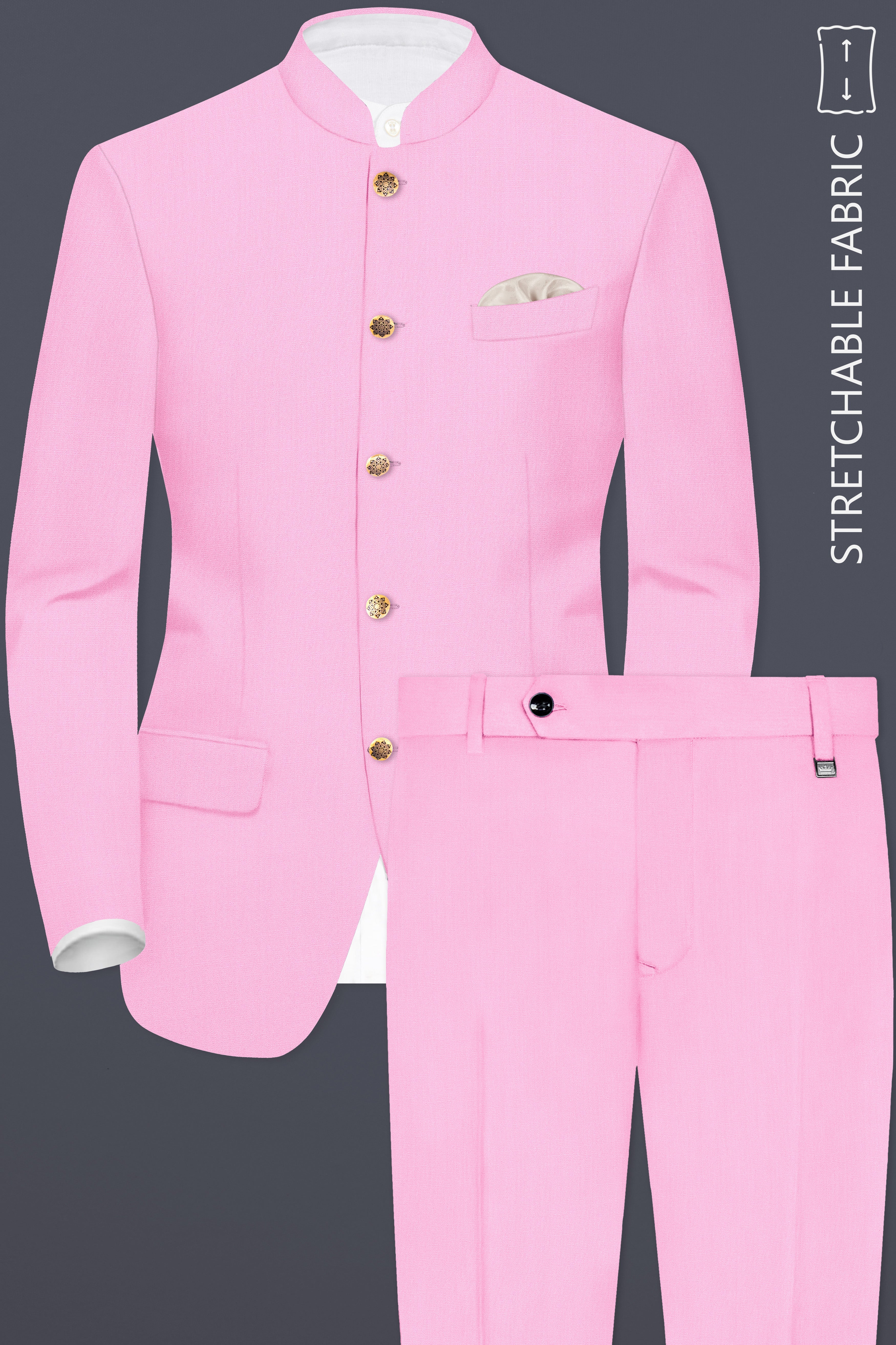 Rosé Reverie-Pestel Pink Solid Wool Rich Bandhgala Stretchable traveler Suit