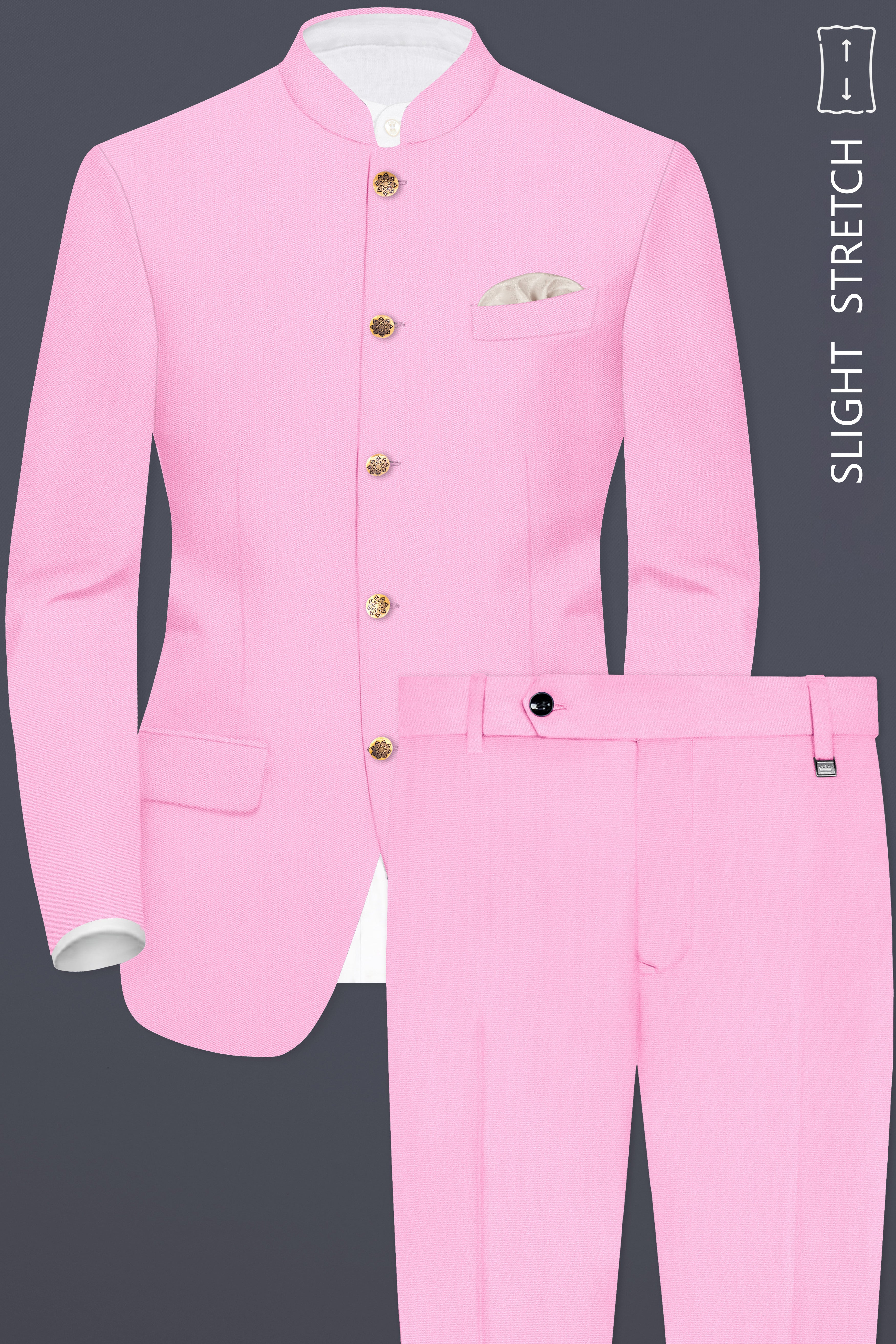 Rosé Reverie-Pestel Pink Solid Wool Rich Bandhgala Slight Stretch Suit