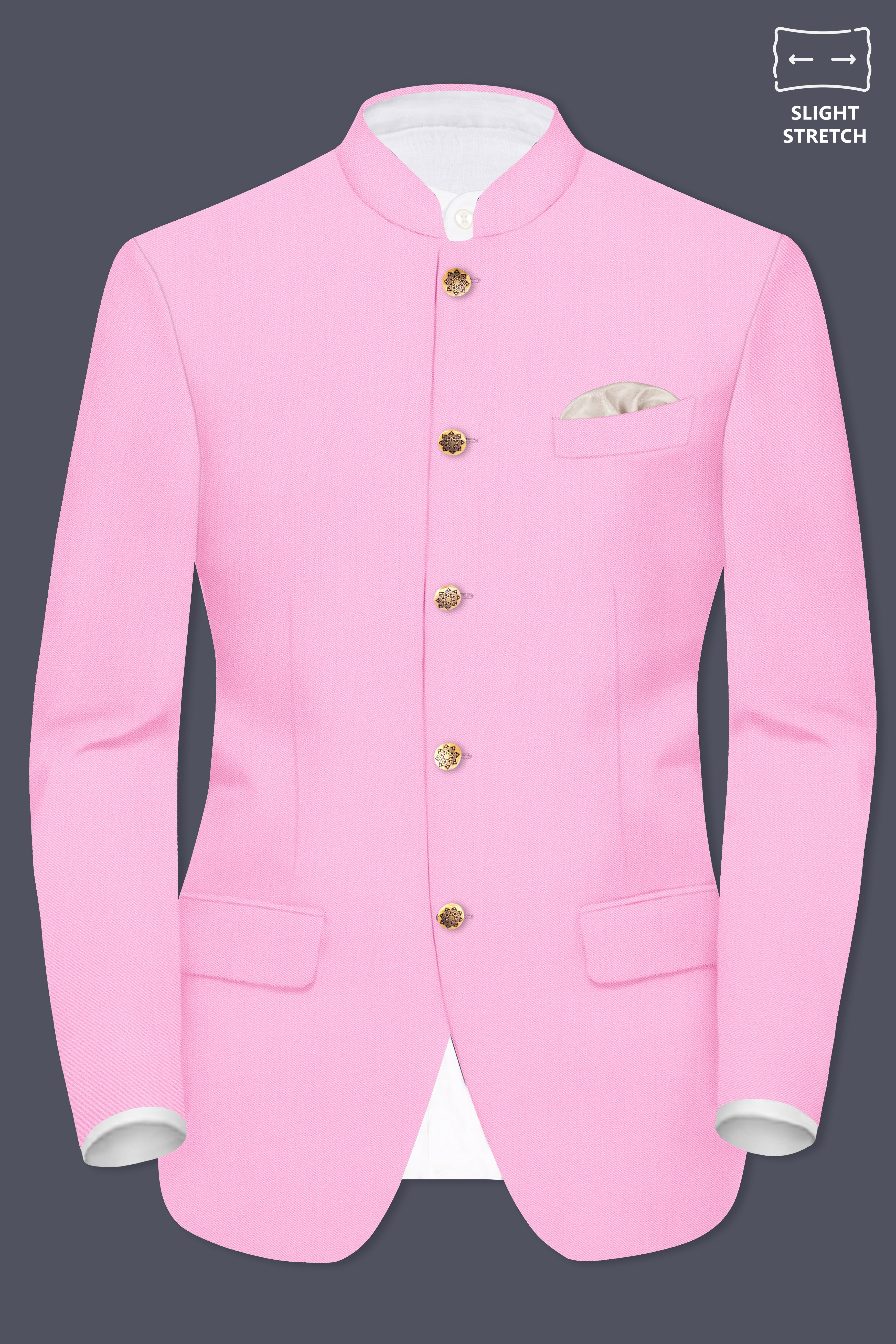 Rosé Reverie-Pestel Pink Solid Wool Rich Bandhgala Slight Stretch Suit