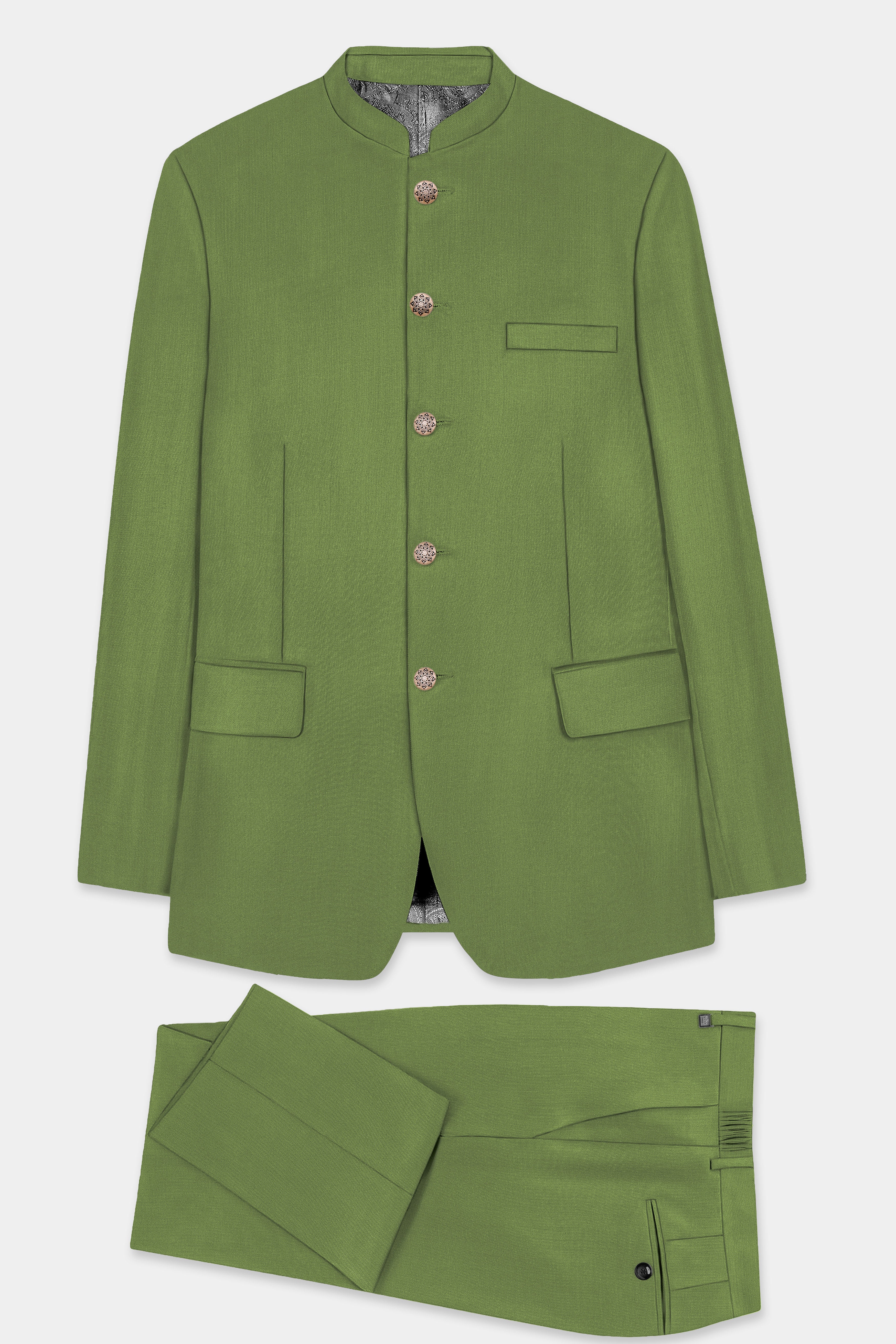 Sage Regal-Dingley Green Solid Wool Rich Bandhgala Slight Stretch Suit
