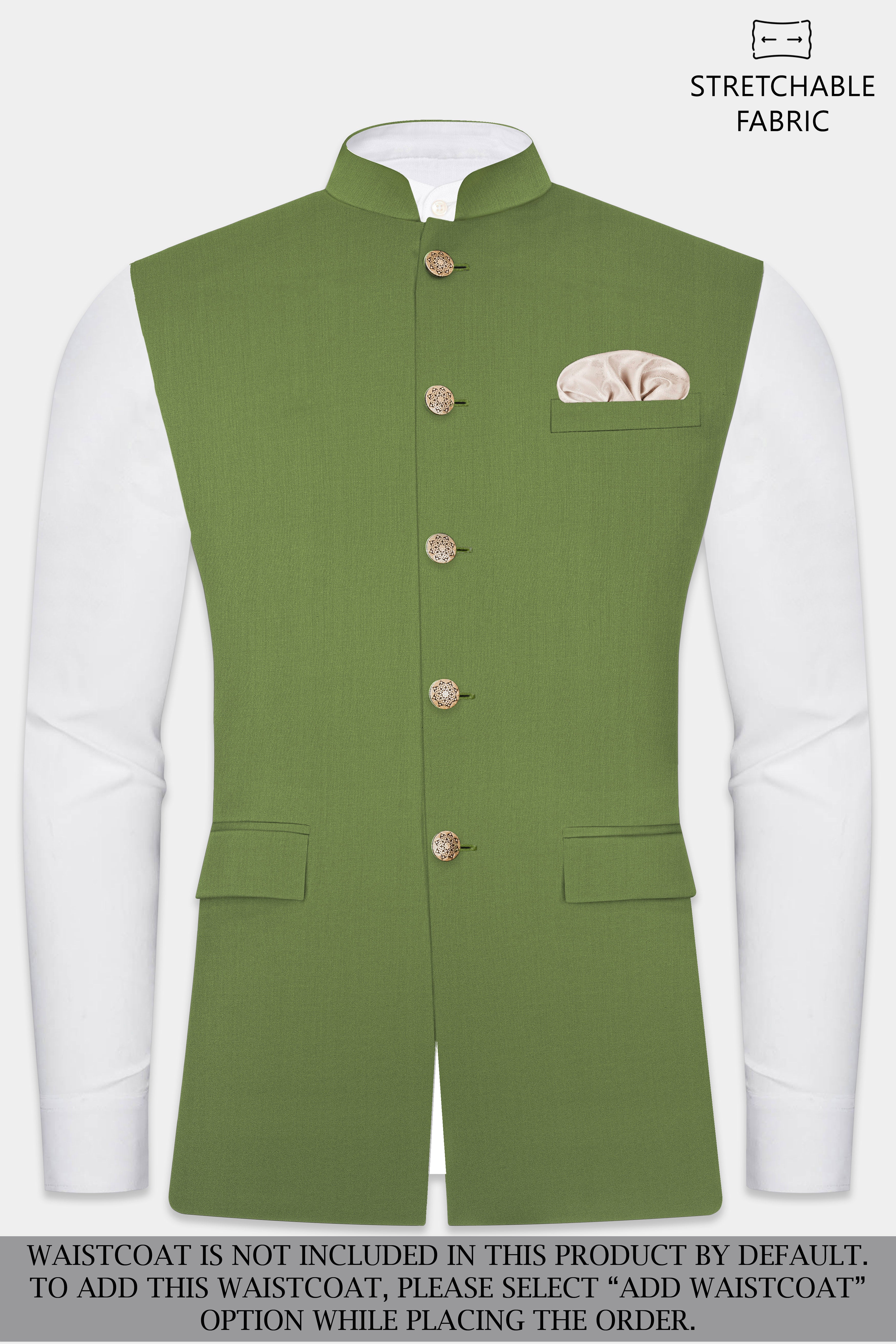 Sage Regal-Dingley Green Solid Wool Rich Bandhgala Stretchable traveler Suit