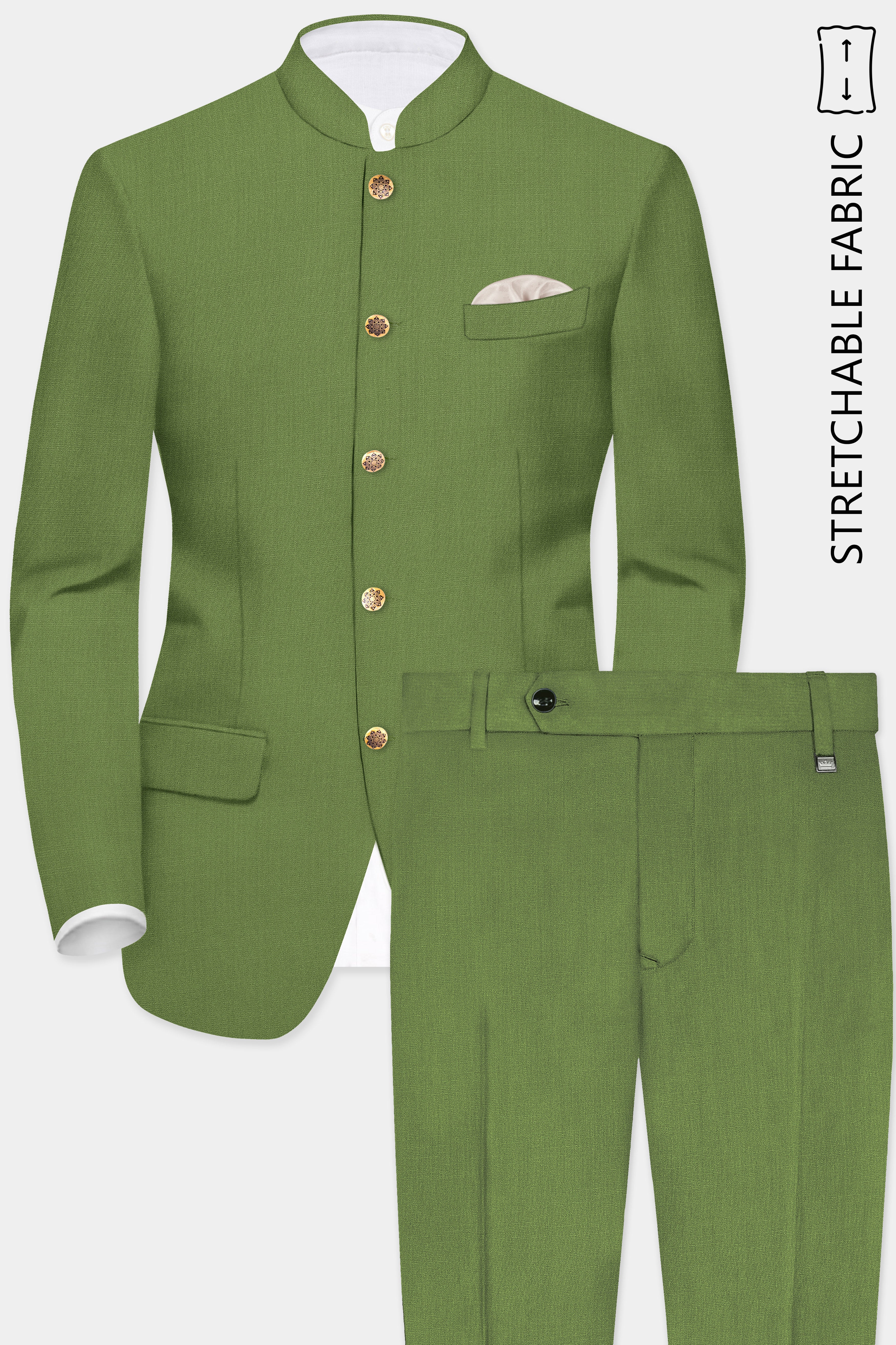 Sage Regal-Dingley Green Solid Wool Rich Bandhgala Stretchable traveler Suit
