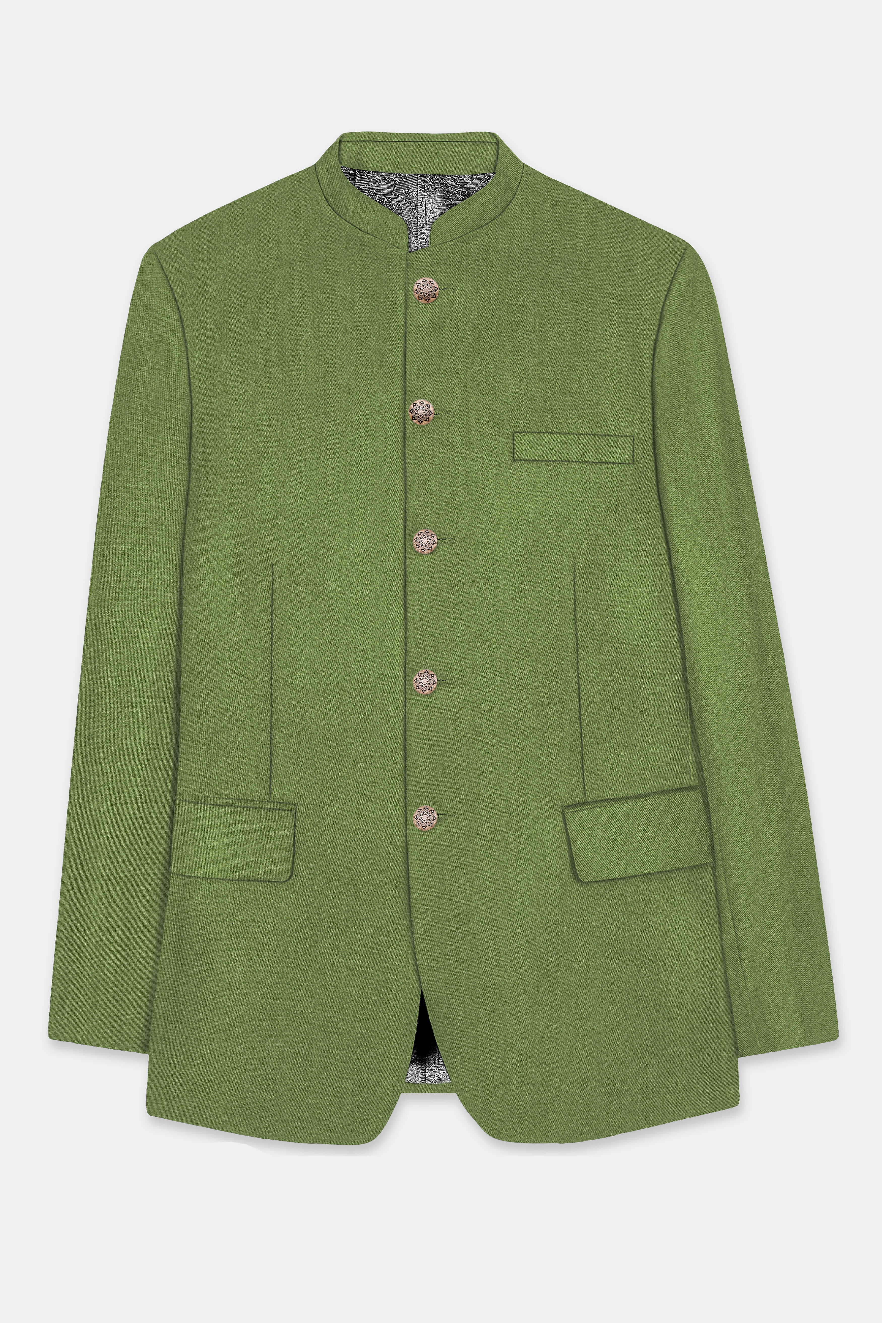 Sage Regal-Dingley Green Solid Wool Rich Bandhgala Slight Stretch Suit
