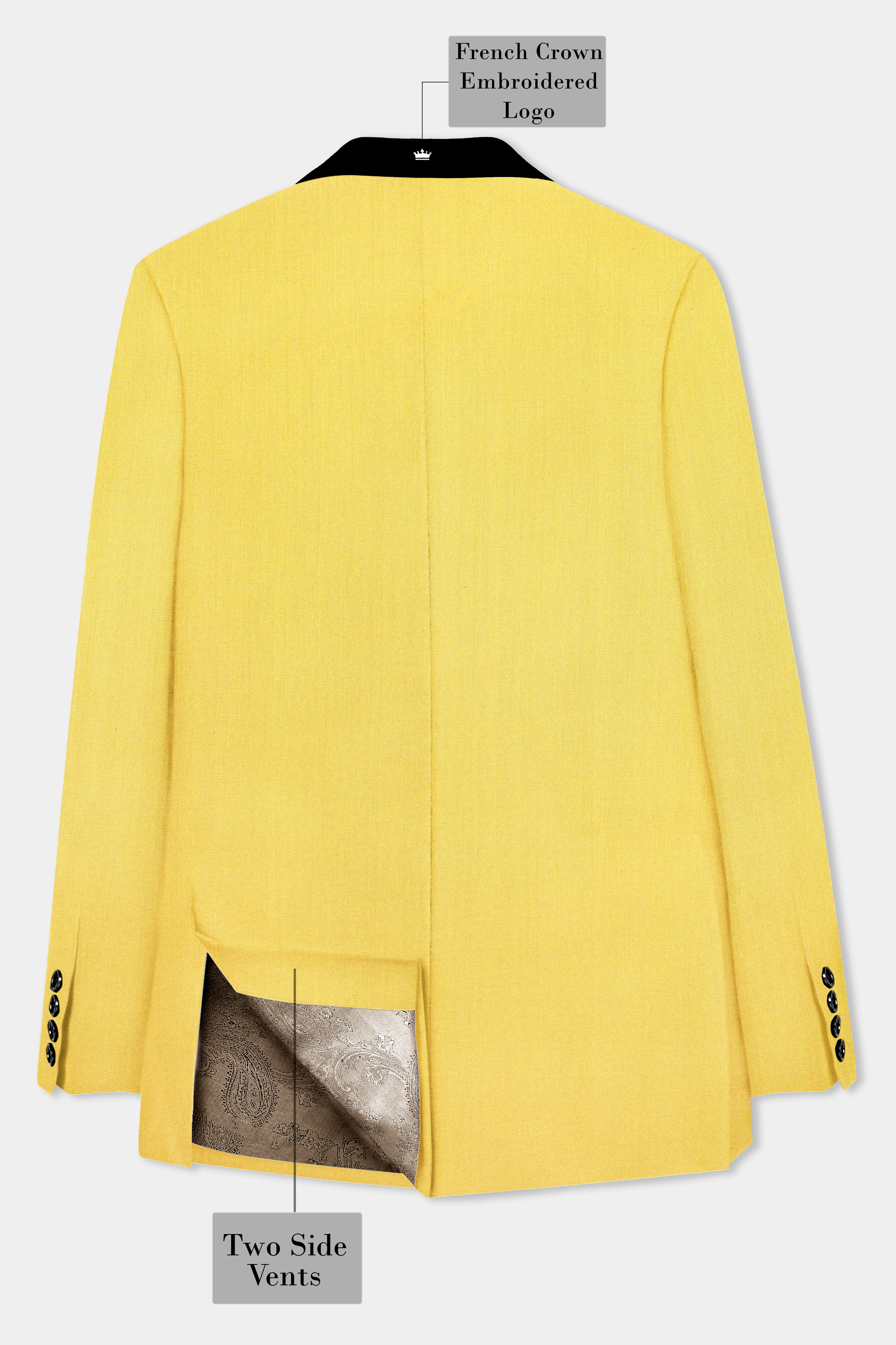 Saffron Elegance-Lemon Yellow Solid Wool Rich Tuxedo Slight Stretch Suit