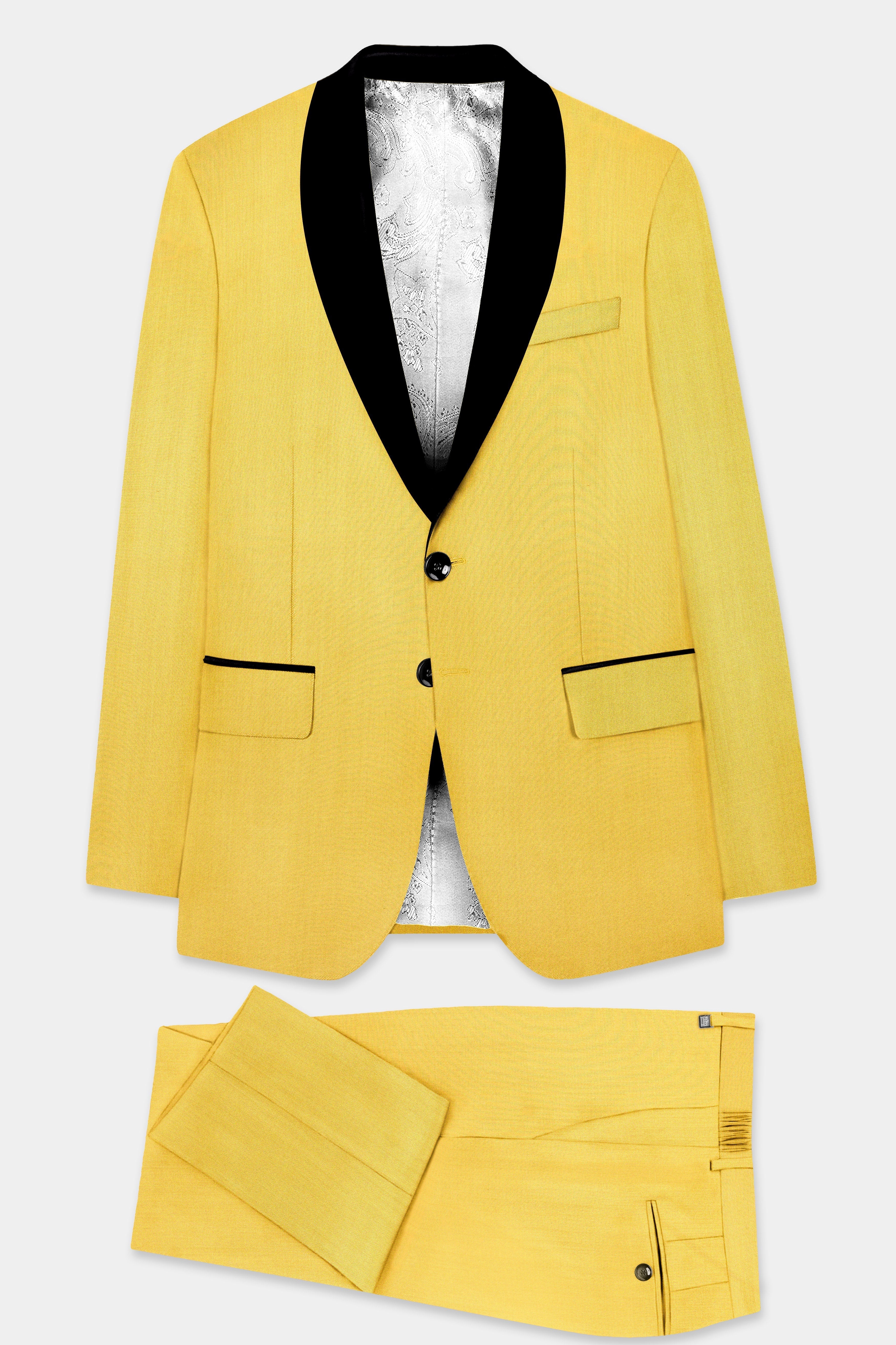 Saffron Elegance-Lemon Yellow Solid Wool Rich Tuxedo Stretchable traveler Suit