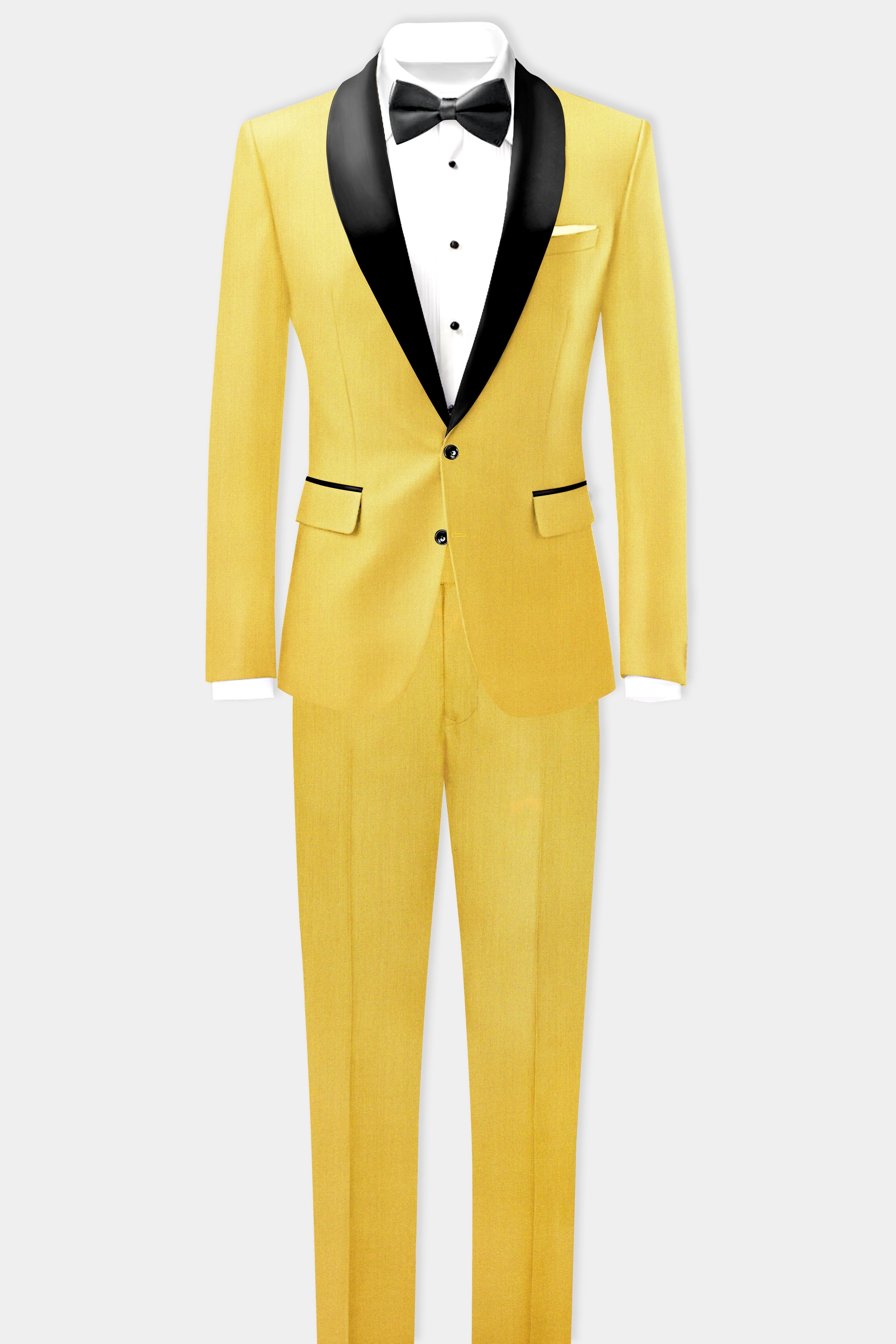 Saffron Elegance-Lemon Yellow Solid Wool Rich Tuxedo Stretchable traveler Suit