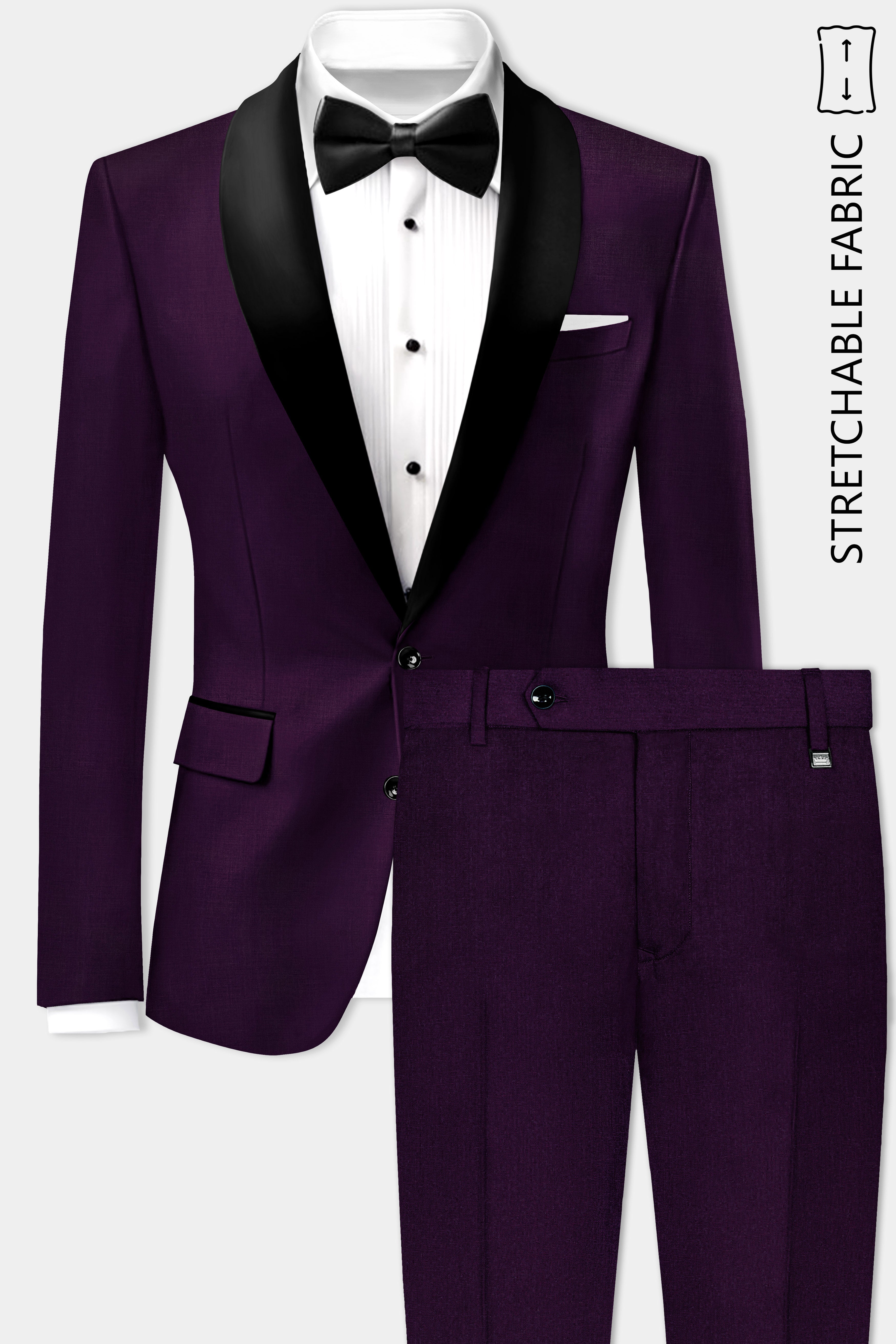 Regal Plum-Eggplant Purple Solid Wool Rich Tuxedo Stretchable traveler Suit