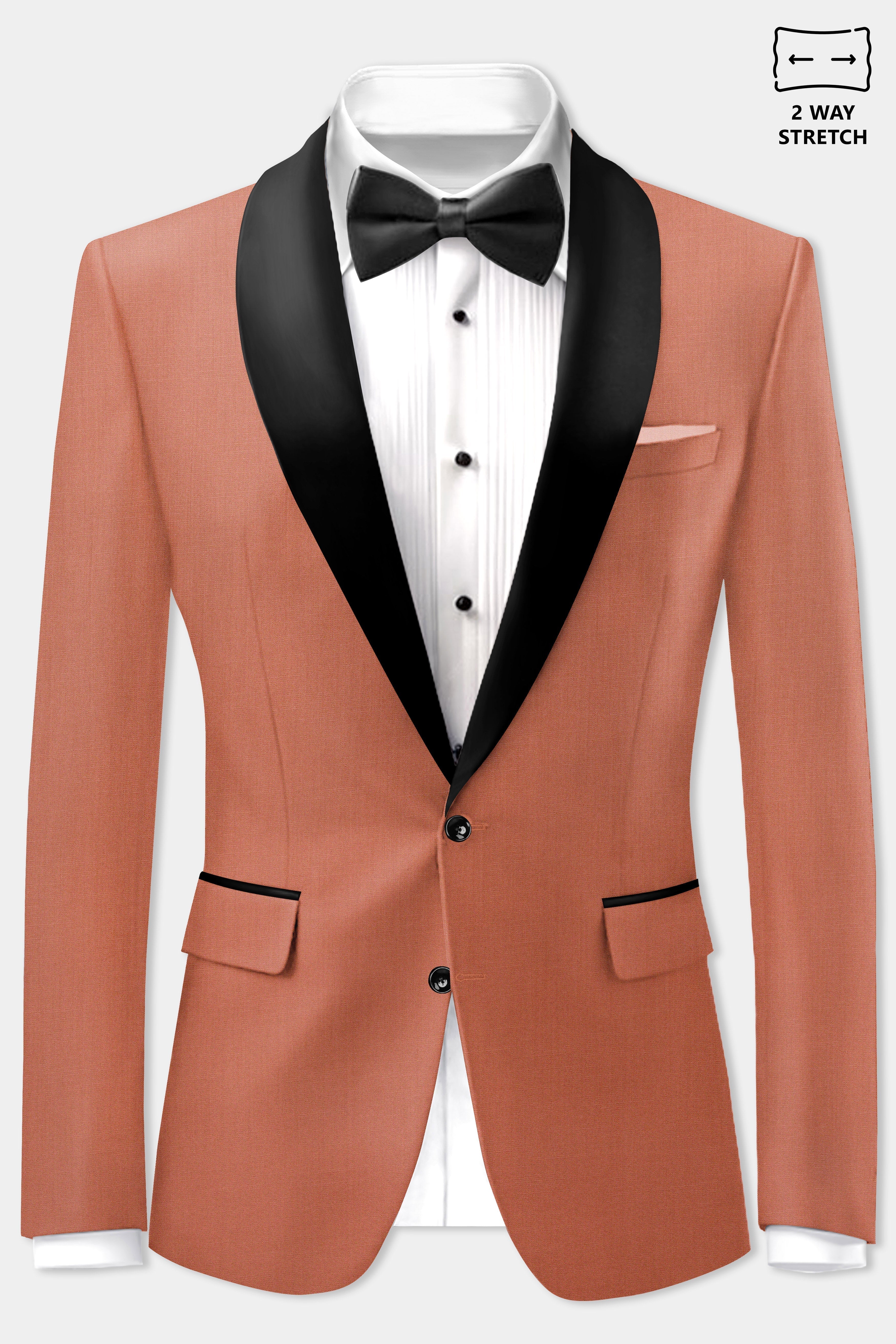 Spiced Sunset-Salmon Orange Solid Wool Rich Tuxedo Stretchable traveler Suit