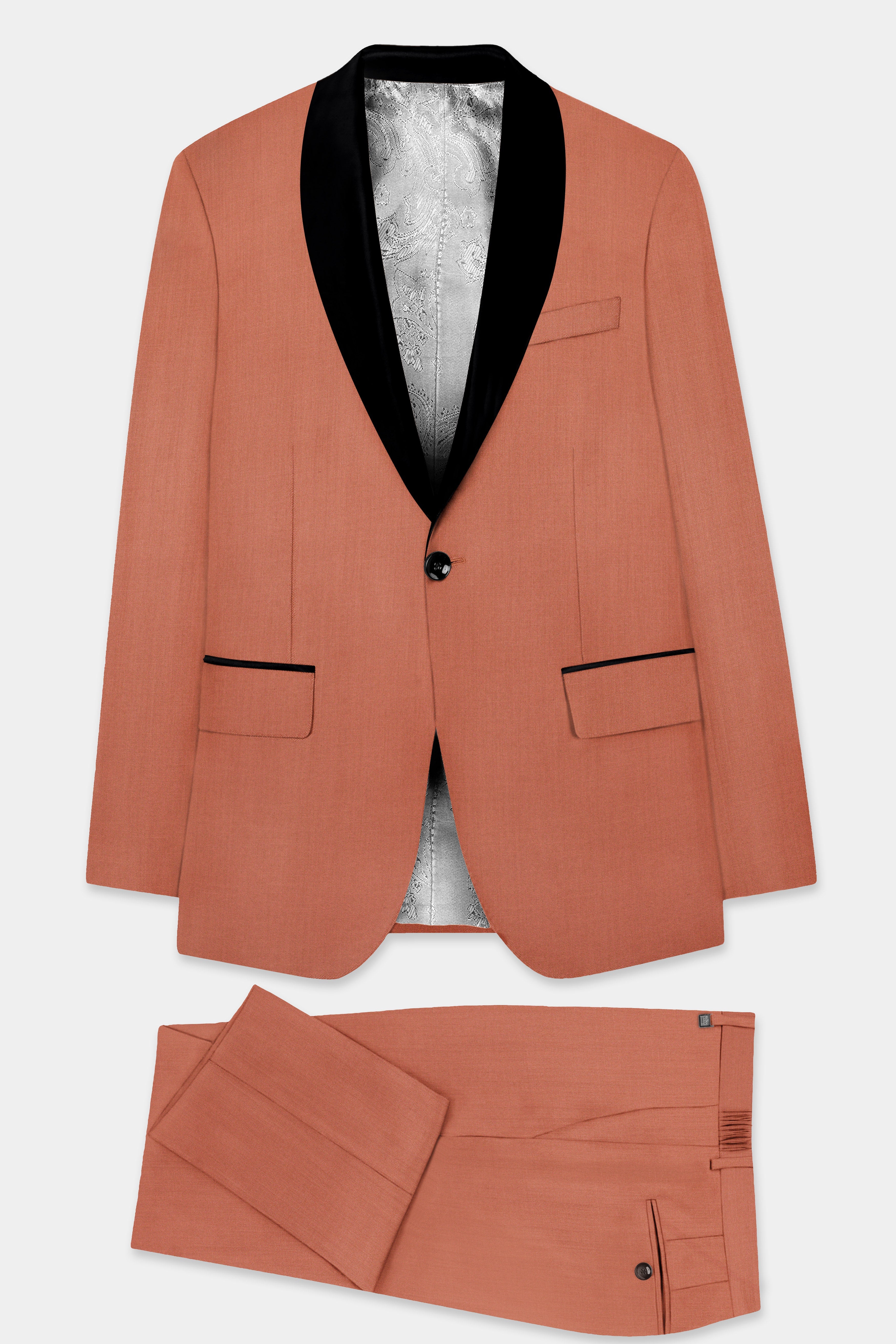 Spiced Sunset-Salmon Orange Solid Wool Rich Tuxedo Slight Stretch Suit