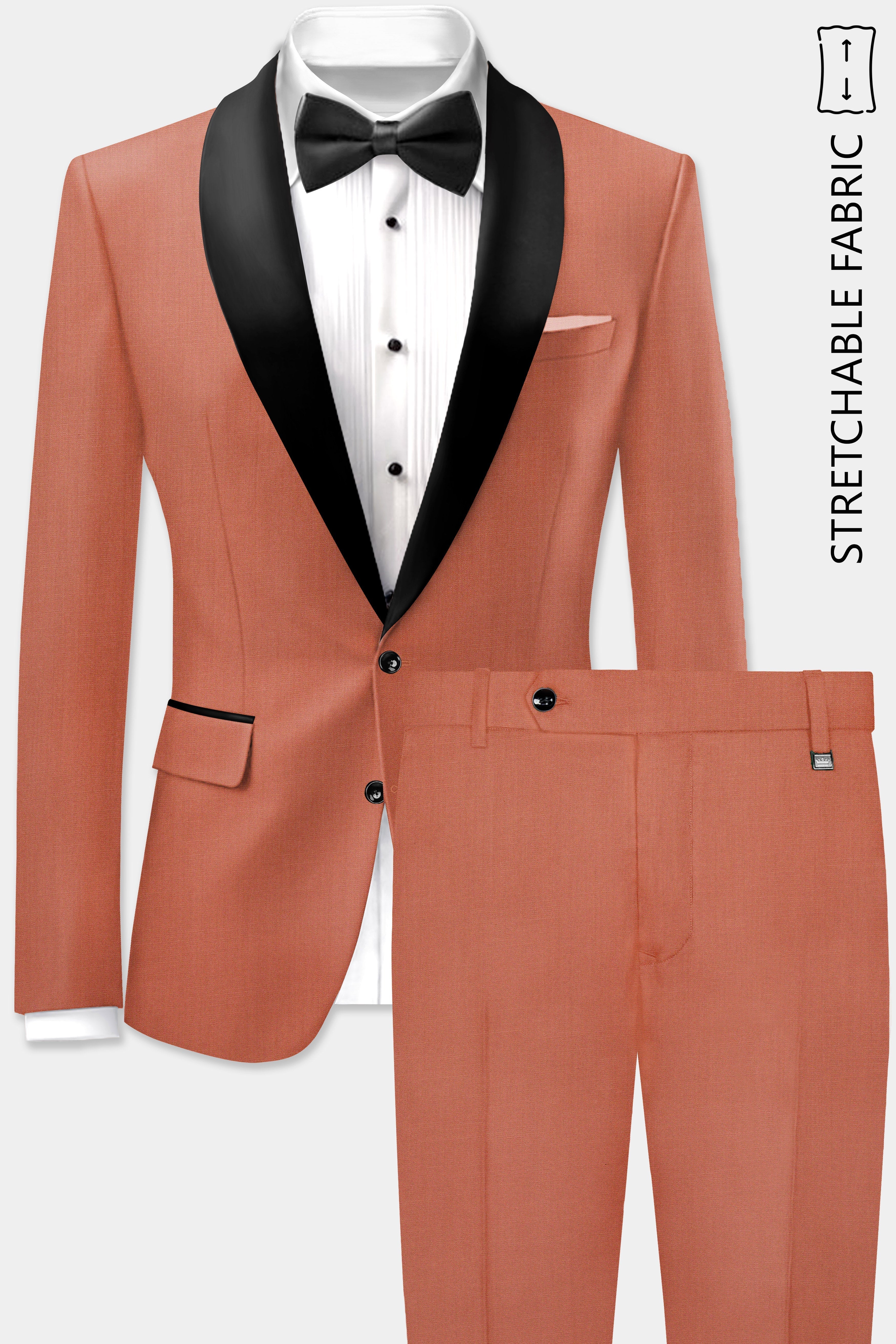 Spiced Sunset-Salmon Orange Solid Wool Rich Tuxedo Stretchable traveler Suit