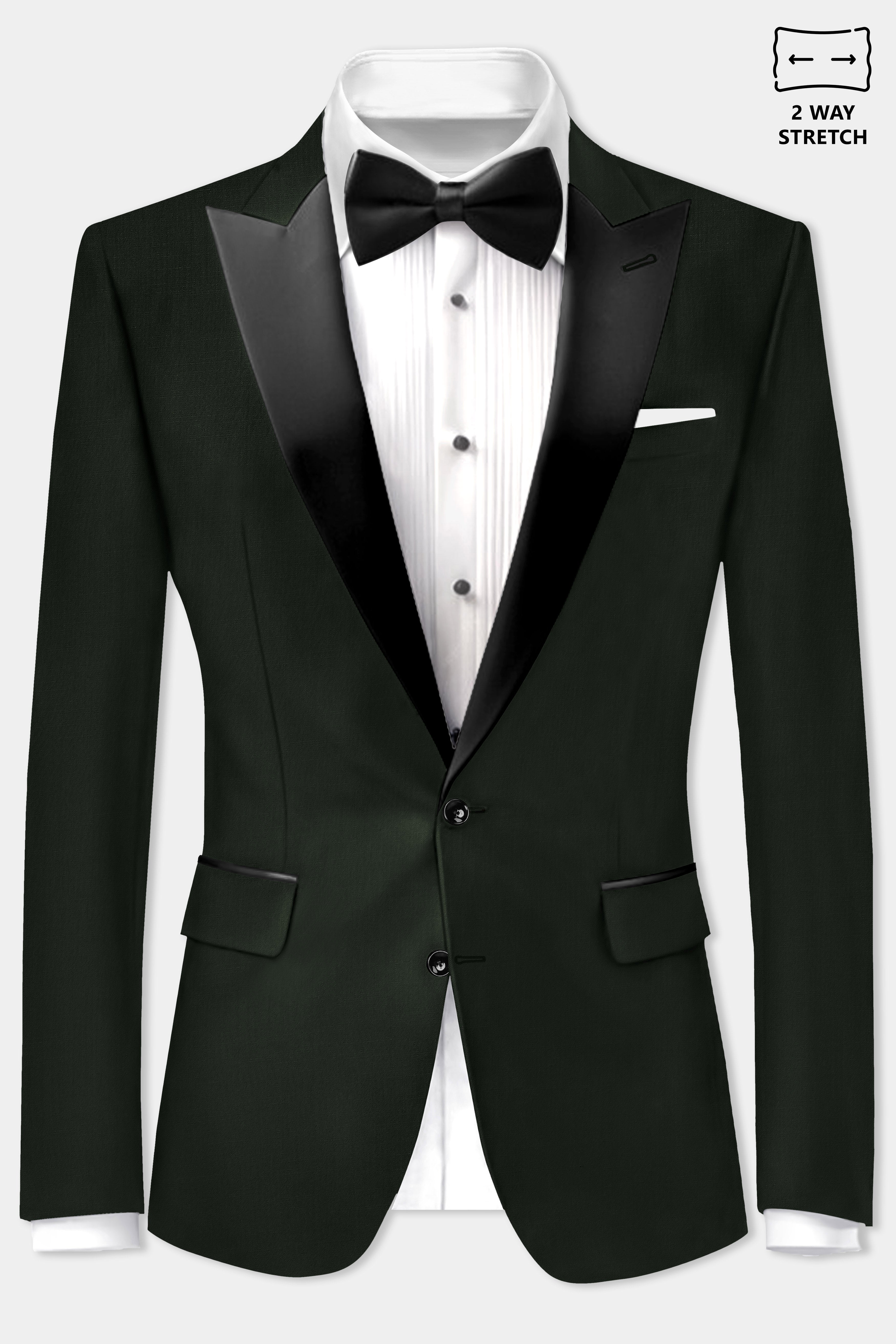 Verdant Majesty-Juniper Green Solid Wool Rich Peak Lapel Tuxedo Stretchable traveler Suit