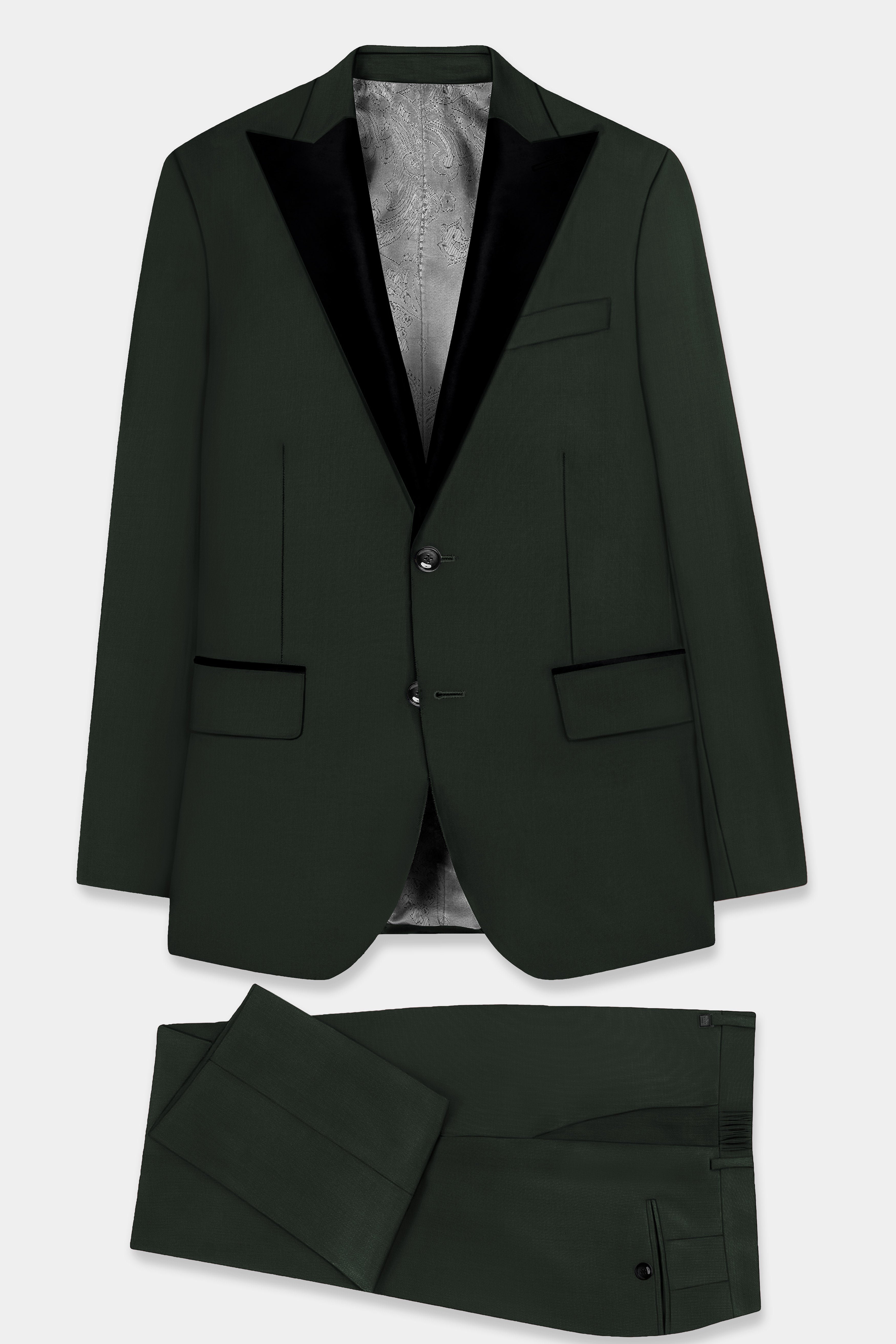 Verdant Majesty-Juniper Green Solid Wool Rich Peak Lapel Tuxedo Stretchable traveler Suit