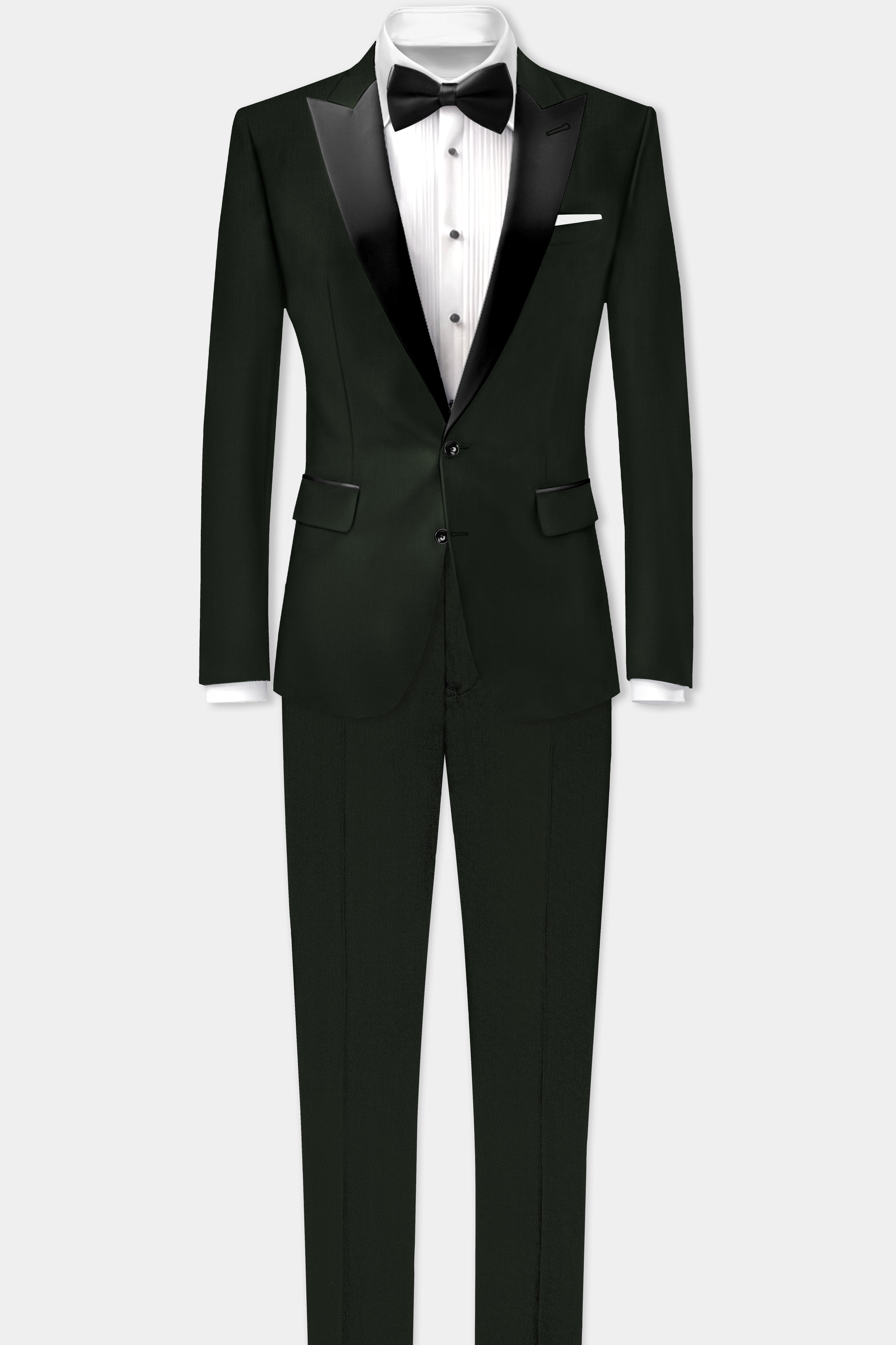Verdant Majesty-Juniper Green Solid Wool Rich Peak Lapel Tuxedo Stretchable traveler Suit