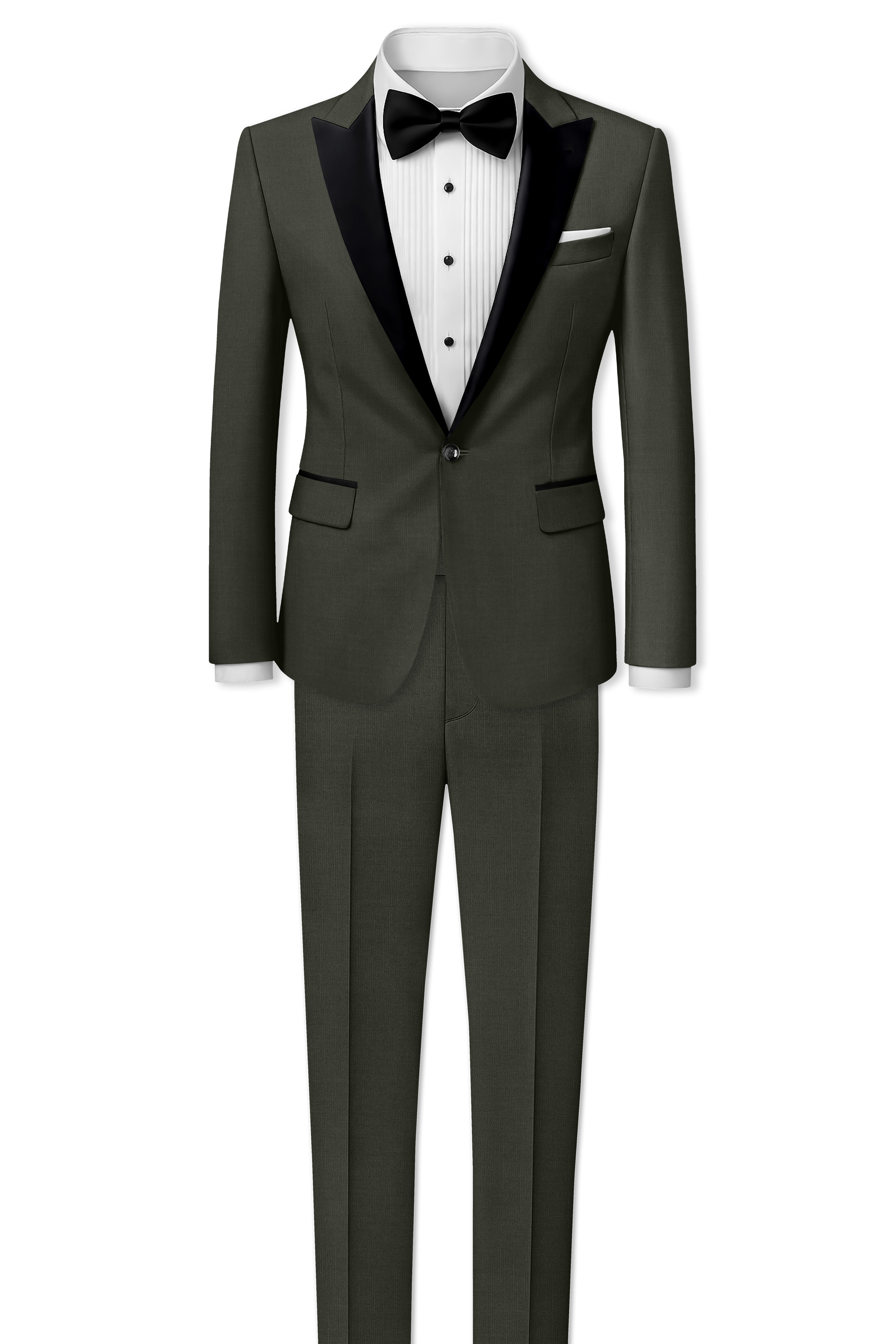 Verdant Majesty-Juniper Green Solid Wool Rich Peak Lapel Tuxedo Slight Stretch Suit