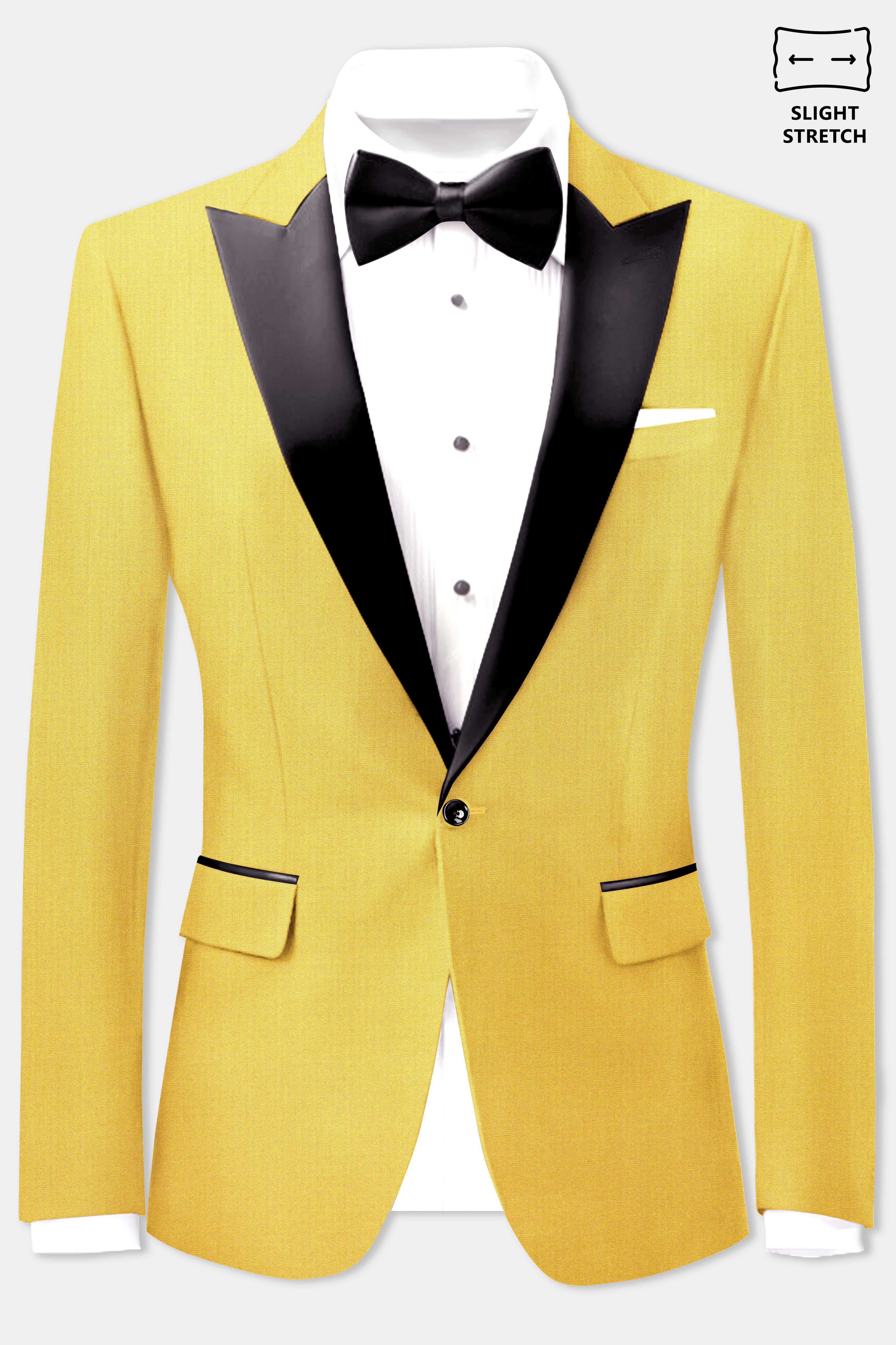 Saffron Elegance-Lemon Yellow Solid Wool Rich Peak Lapel Tuxedo Slight Stretch Suit