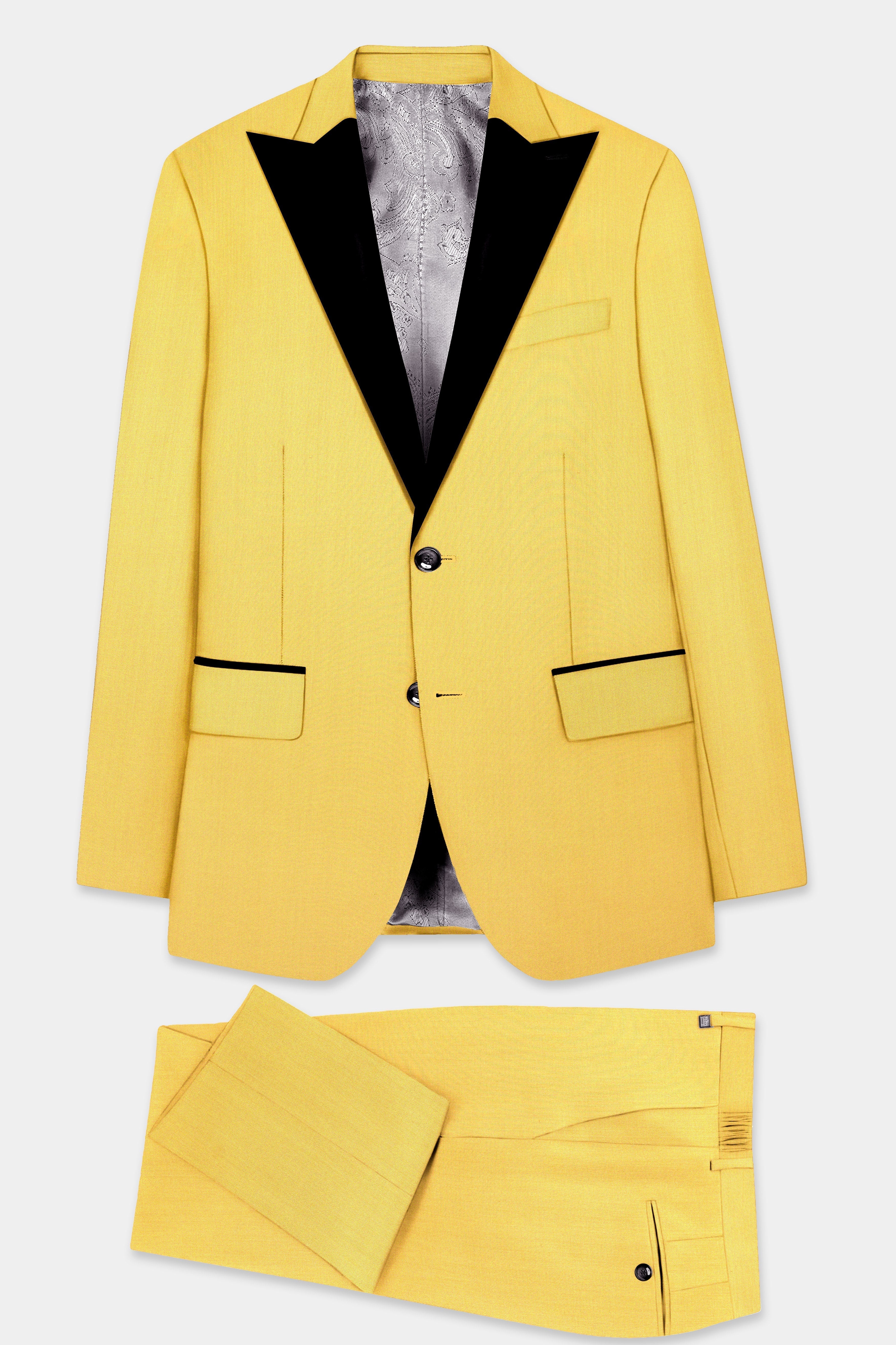 Saffron Elegance-Lemon Yellow Solid Wool Rich Peak Lapel Tuxedo Stretchable traveler Suit