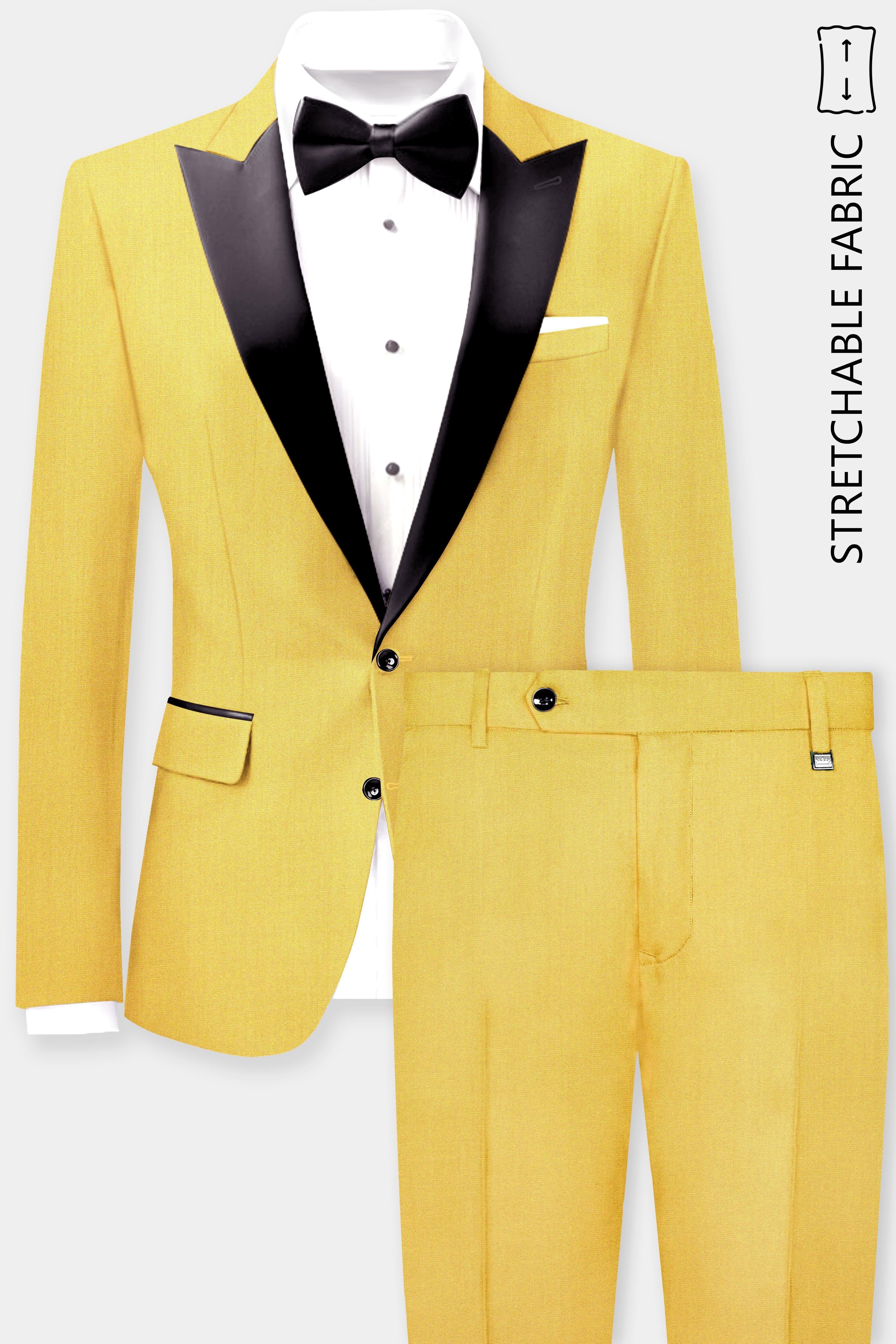 Saffron Elegance-Lemon Yellow Solid Wool Rich Peak Lapel Tuxedo Stretchable traveler Suit