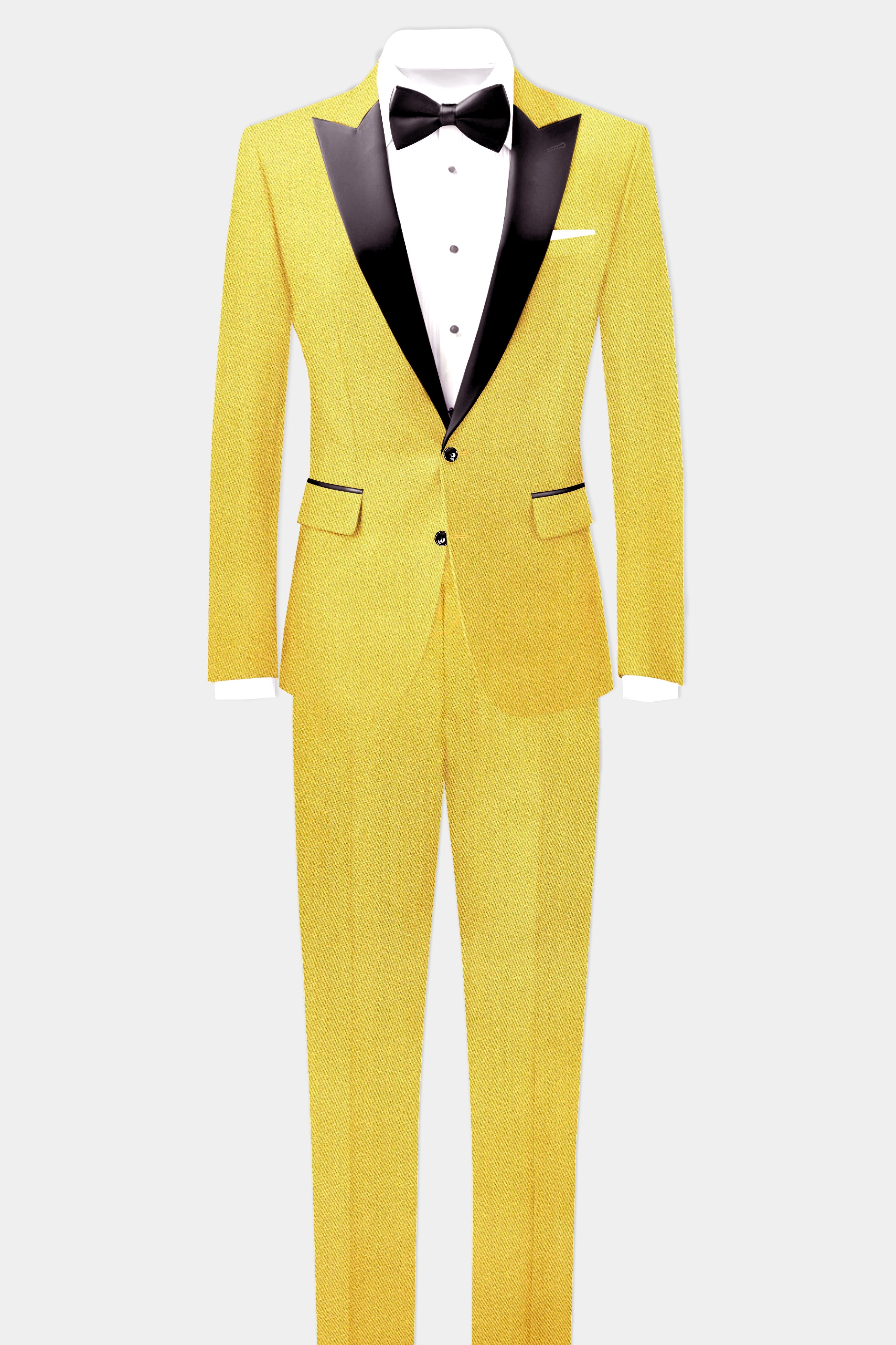 Saffron Elegance-Lemon Yellow Solid Wool Rich Peak Lapel Tuxedo Stretchable traveler Suit