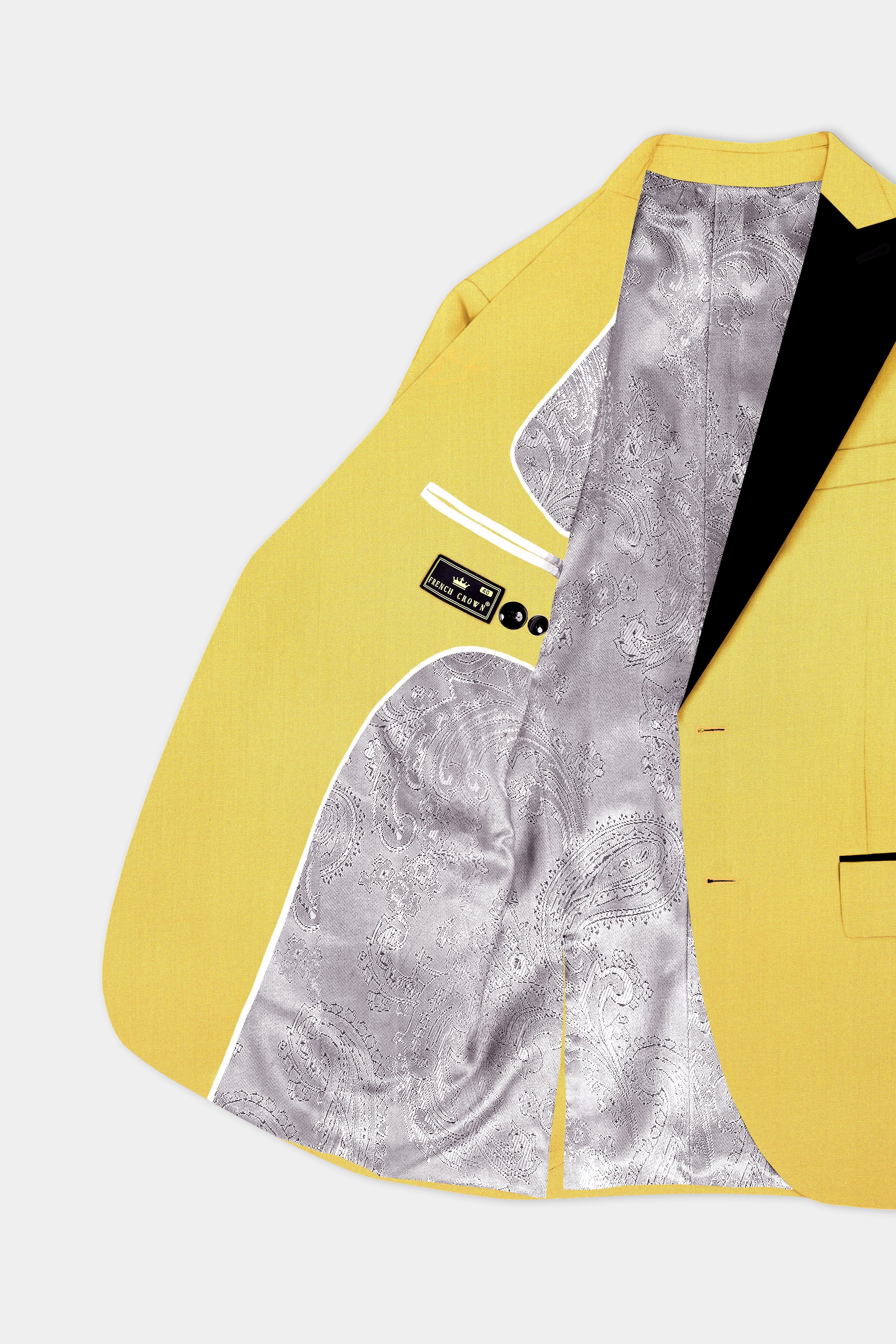 Saffron Elegance-Lemon Yellow Solid Wool Rich Peak Lapel Tuxedo Stretchable traveler Suit