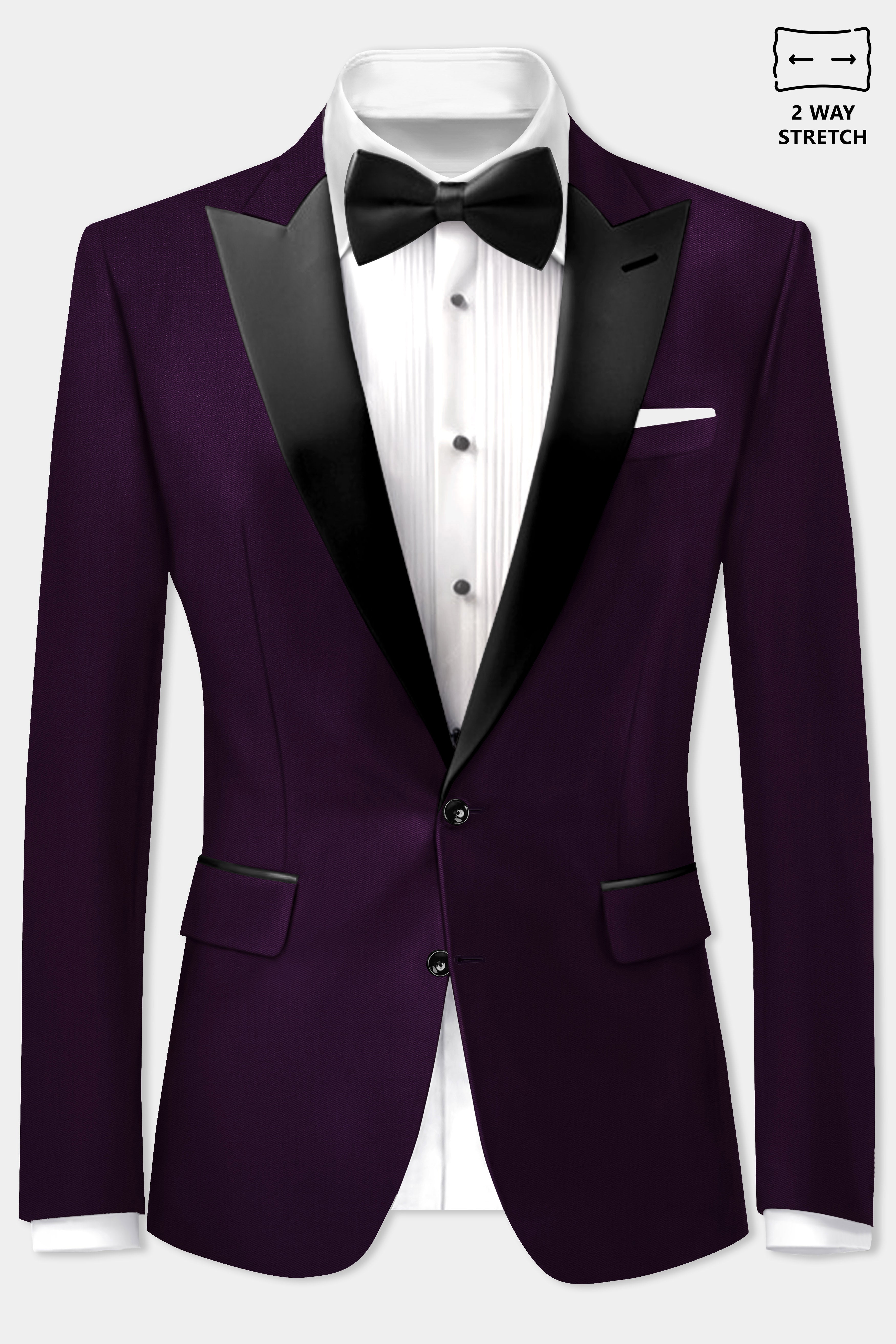Regal Plum-Eggplant Purple Solid Wool Rich Peak Lapel Tuxedo Stretchable traveler Suit