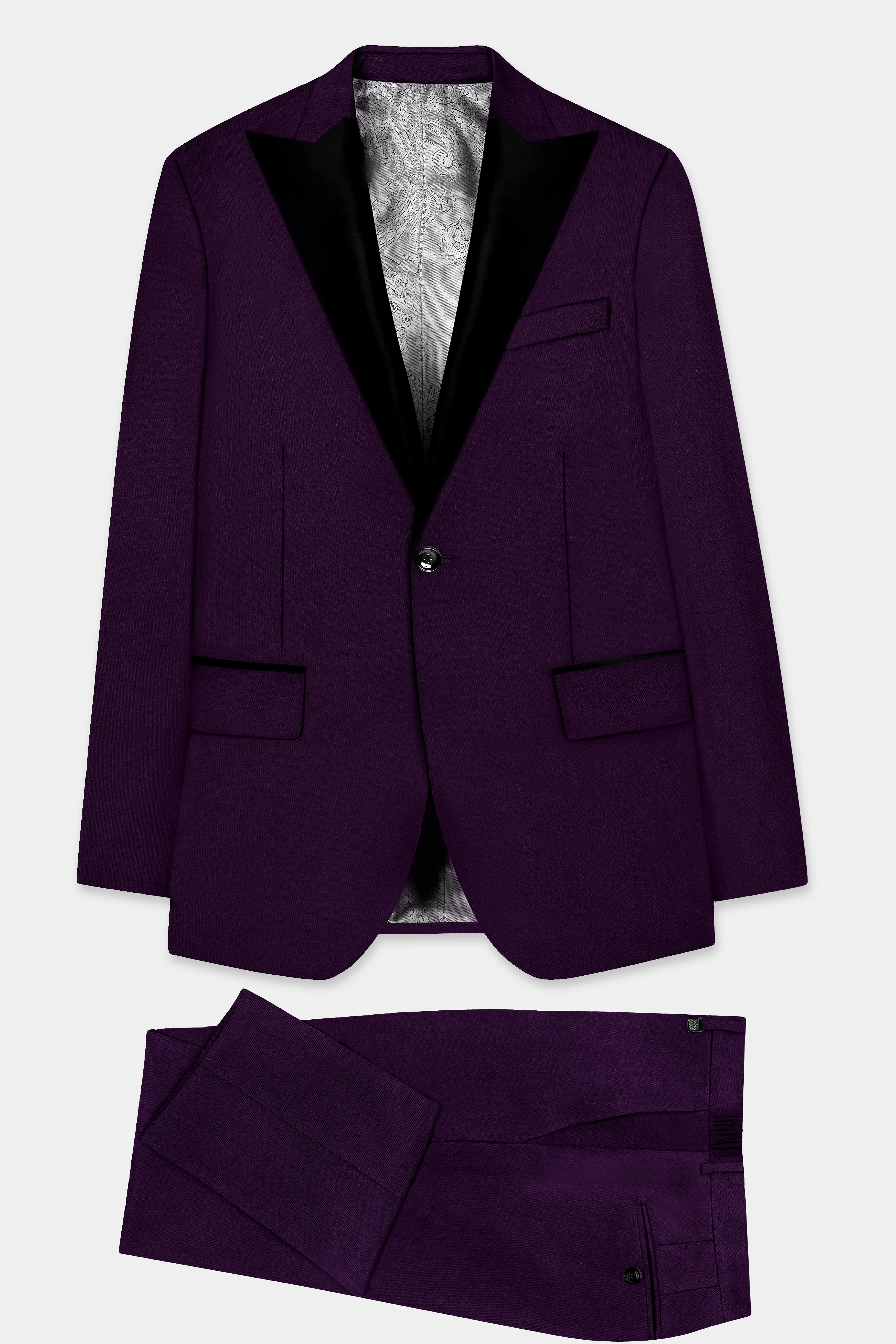 Regal Plum-Eggplant Purple Solid Wool Rich Peak Lapel Tuxedo Slight Stretch Suit
