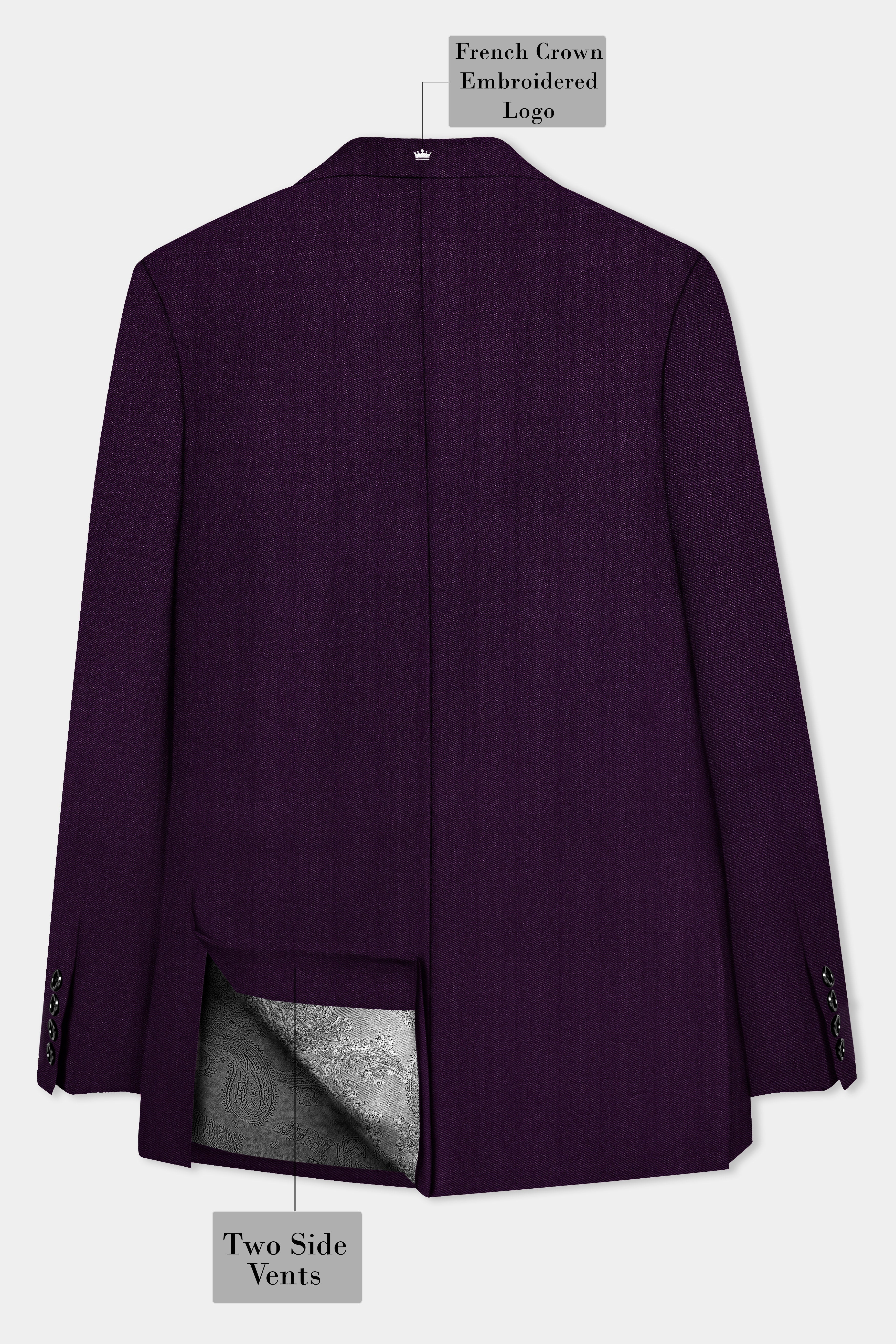 Regal Plum-Eggplant Purple Solid Wool Rich Peak Lapel Tuxedo Stretchable traveler Suit