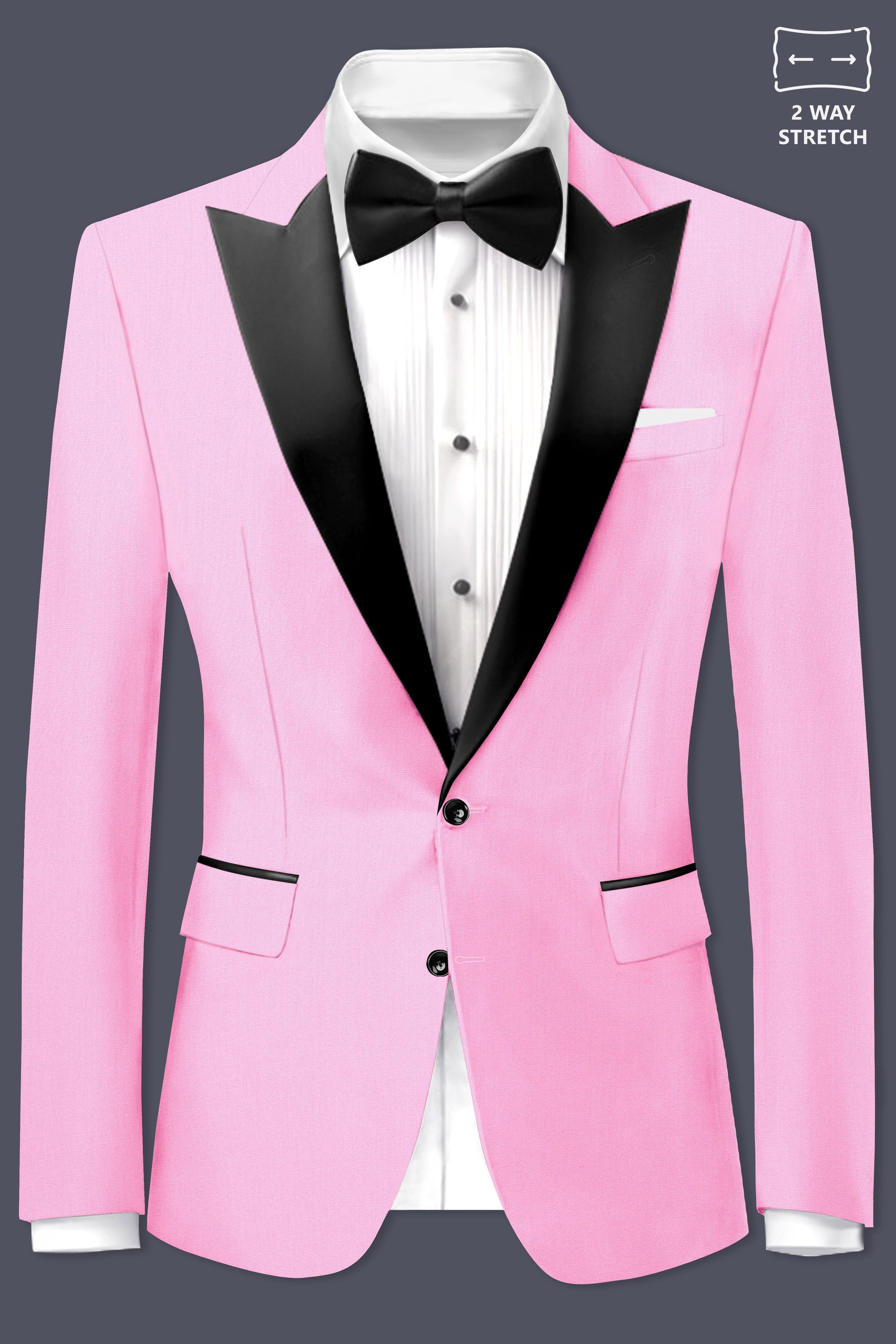 Rosé Reverie-Pestel Pink Solid Wool Rich Peak Lapel Tuxedo Stretchable traveler Suit