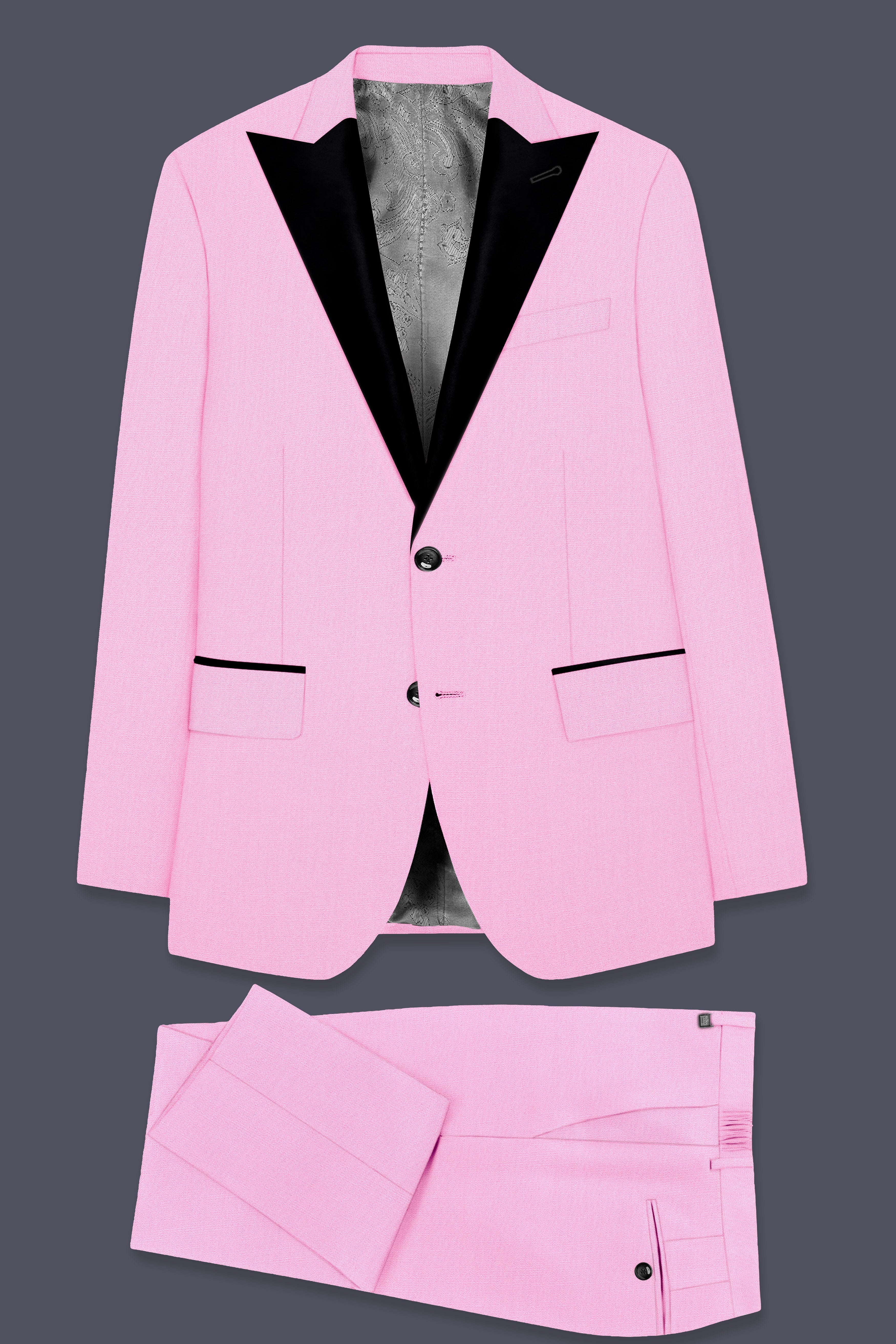 Rosé Reverie-Pestel Pink Solid Wool Rich Peak Lapel Tuxedo Stretchable traveler Suit