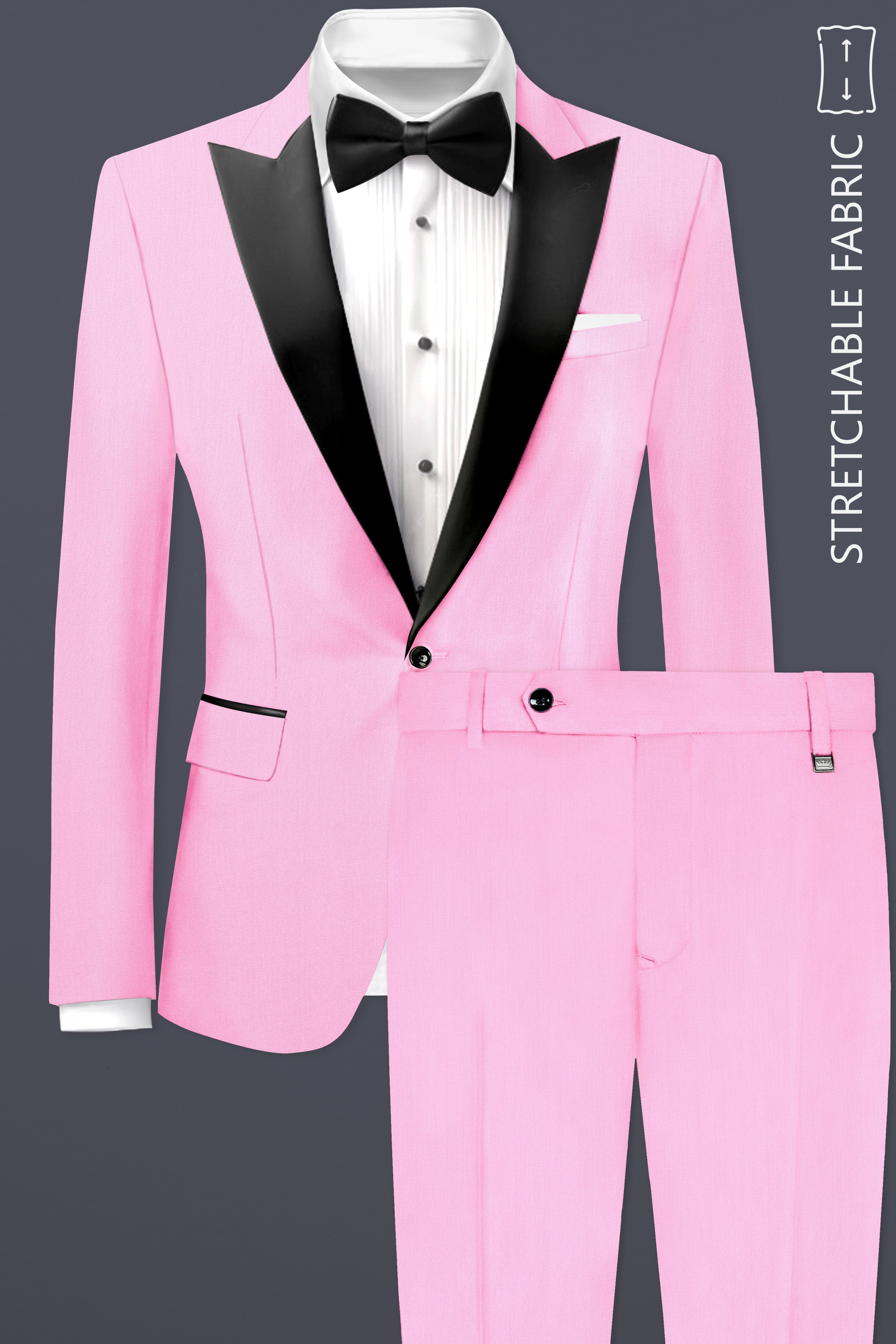 Rosé Reverie-Pestel Pink Solid Wool Rich Peak Lapel Tuxedo Stretchable traveler Suit