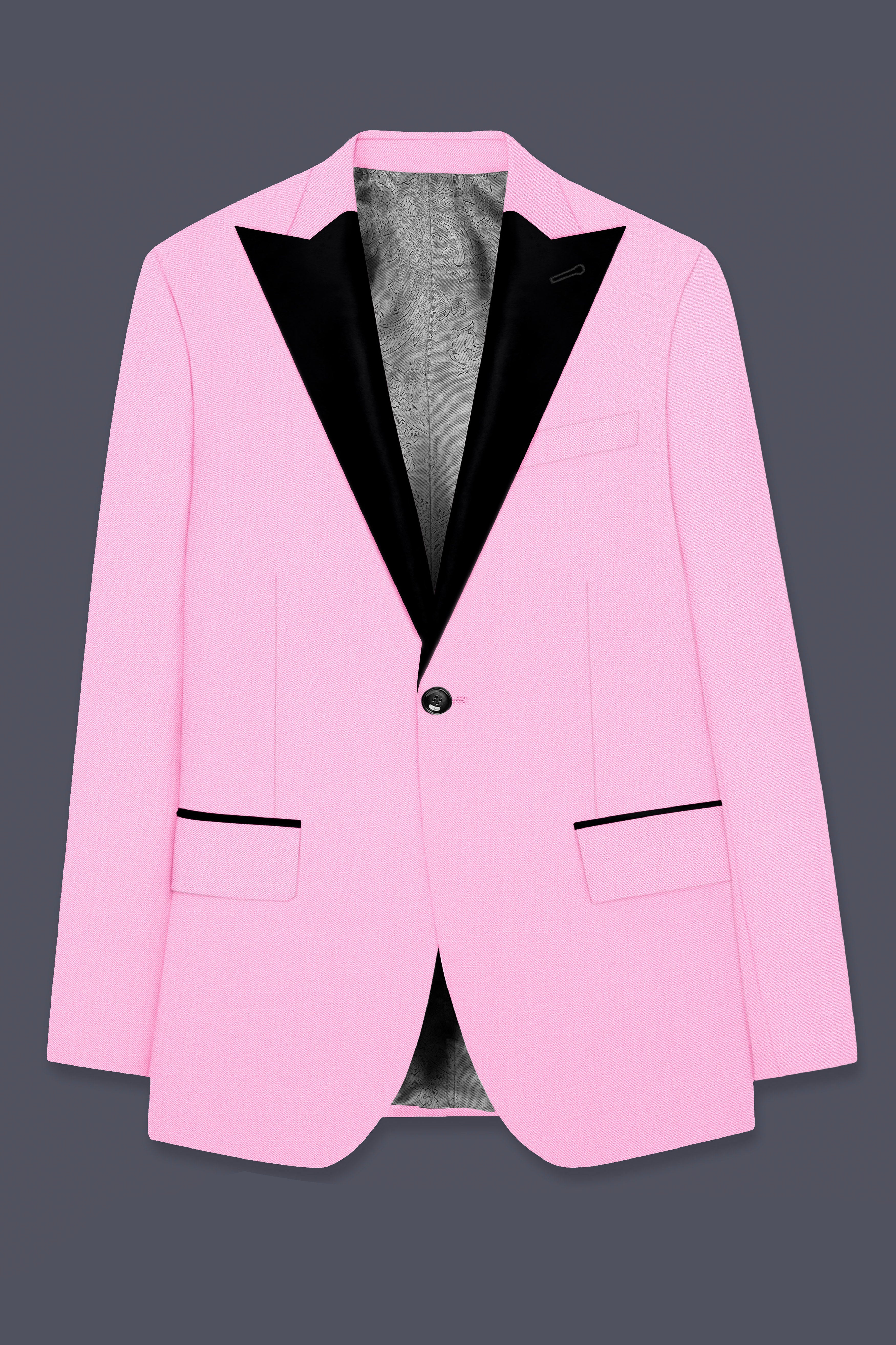 Rosé Reverie-Pestel Pink Solid Wool Rich Peak Lapel Tuxedo Slight Stretch Suit