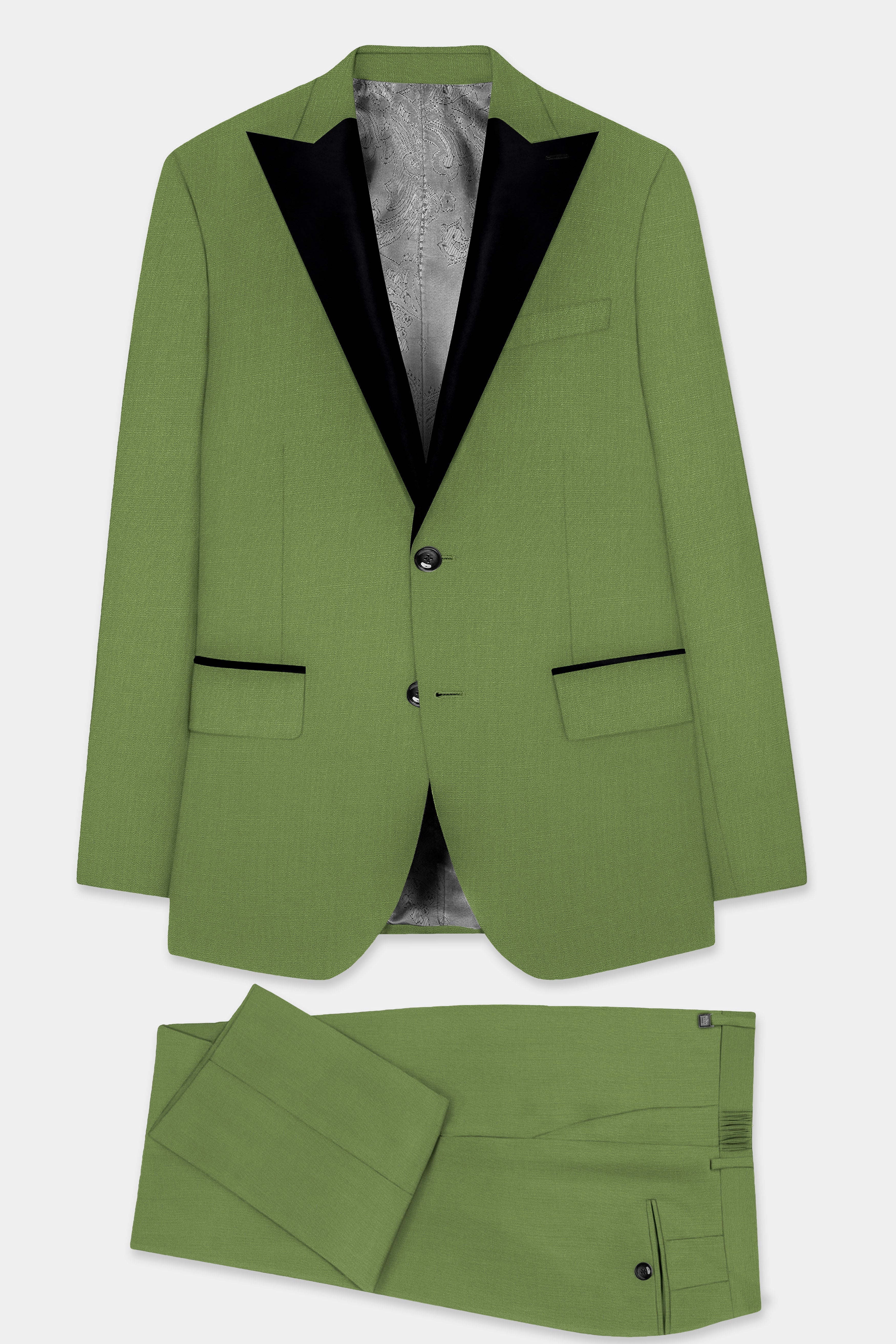 Sage Regal-Dingley Green Solid Wool Rich Peak Lapel Tuxedo Stretchable traveler Suit
