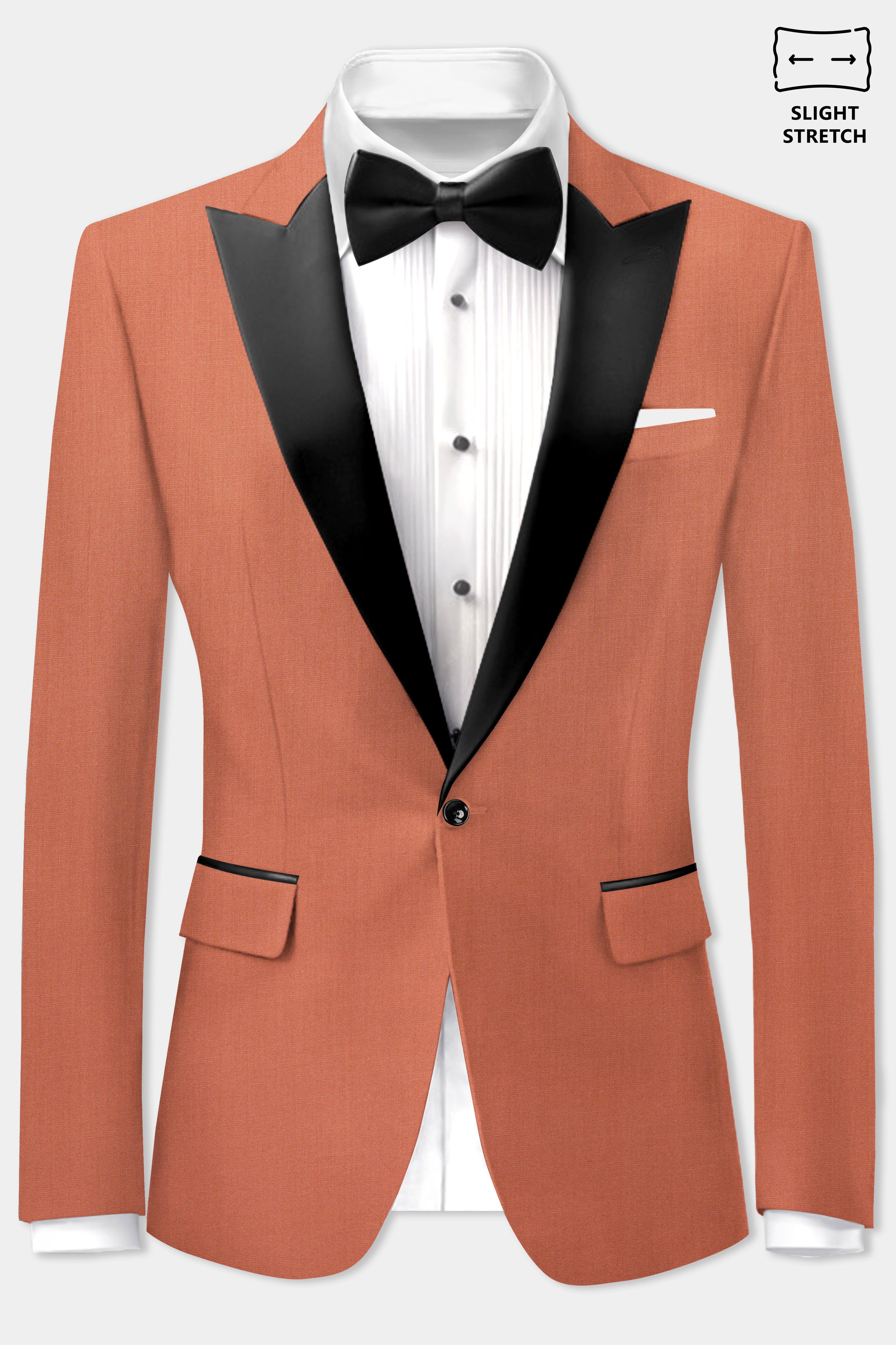 Spiced Sunset-Salmon Orange Solid Wool Rich Peak Lapel Tuxedo Slight Stretch Suit