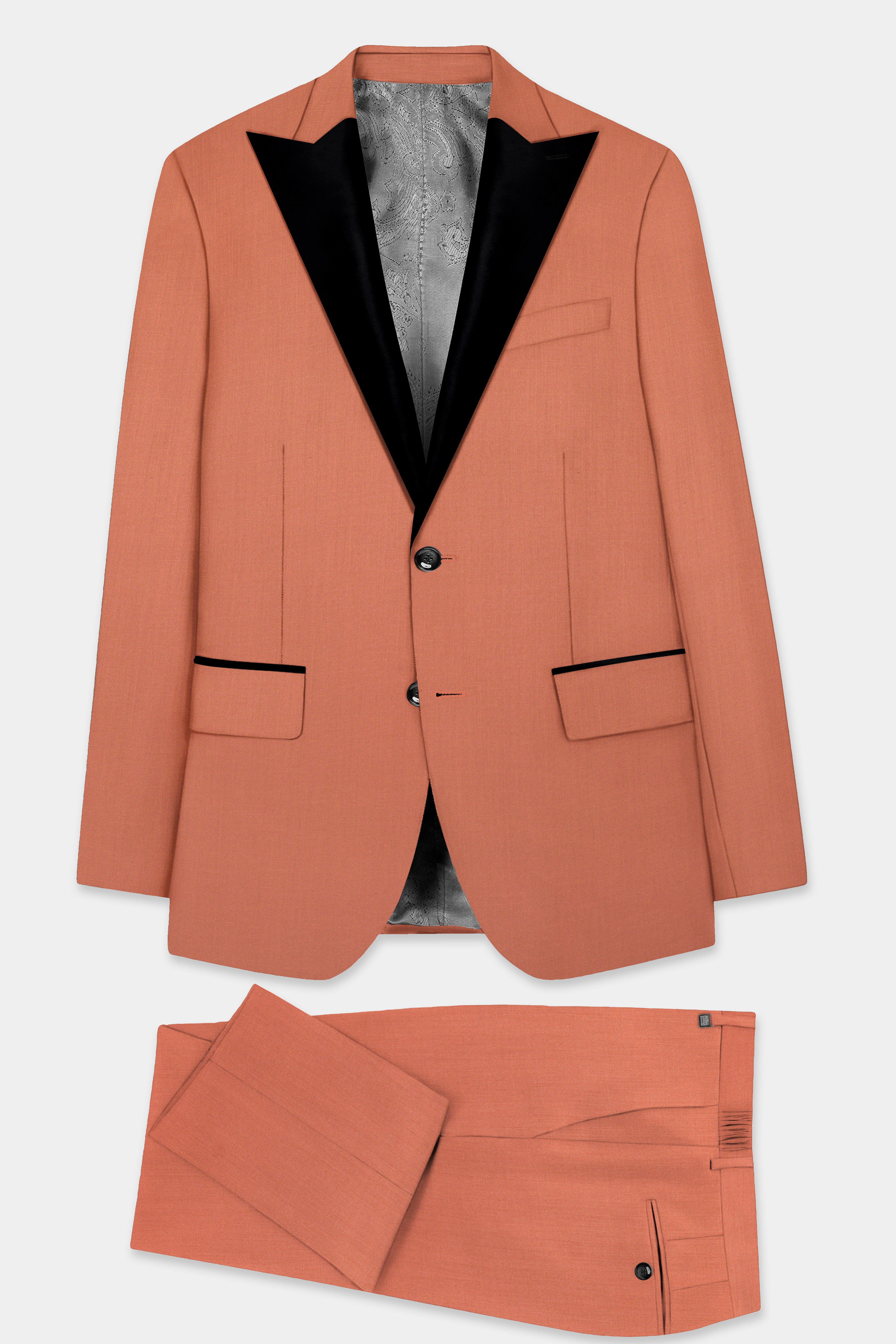 Spiced Sunset-Salmon Orange Solid Wool Rich Peak Lapel Tuxedo Slight Stretch Suit