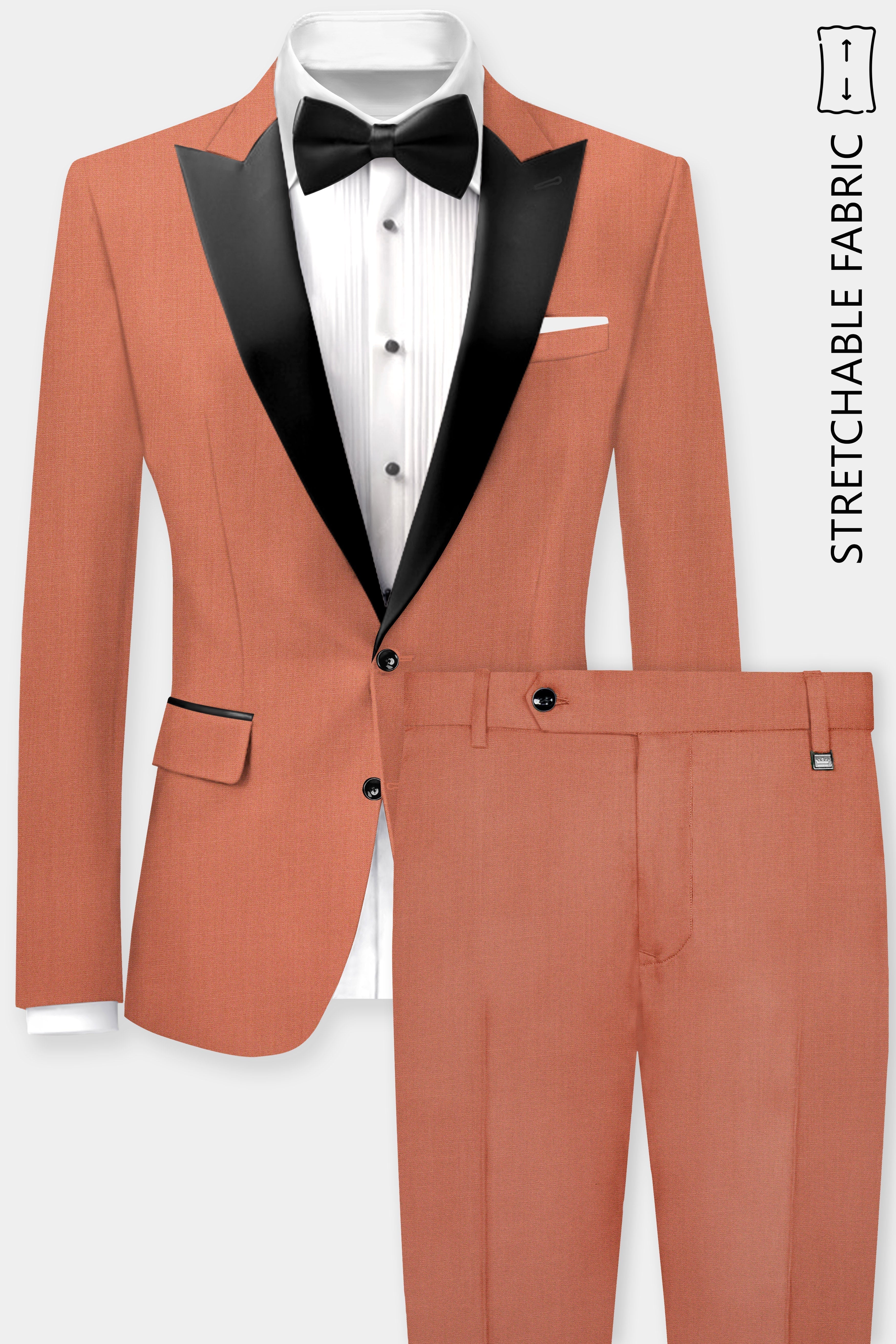 Spiced Sunset-Salmon Orange Solid Wool Rich Peak Lapel Tuxedo Stretchable traveler Suit