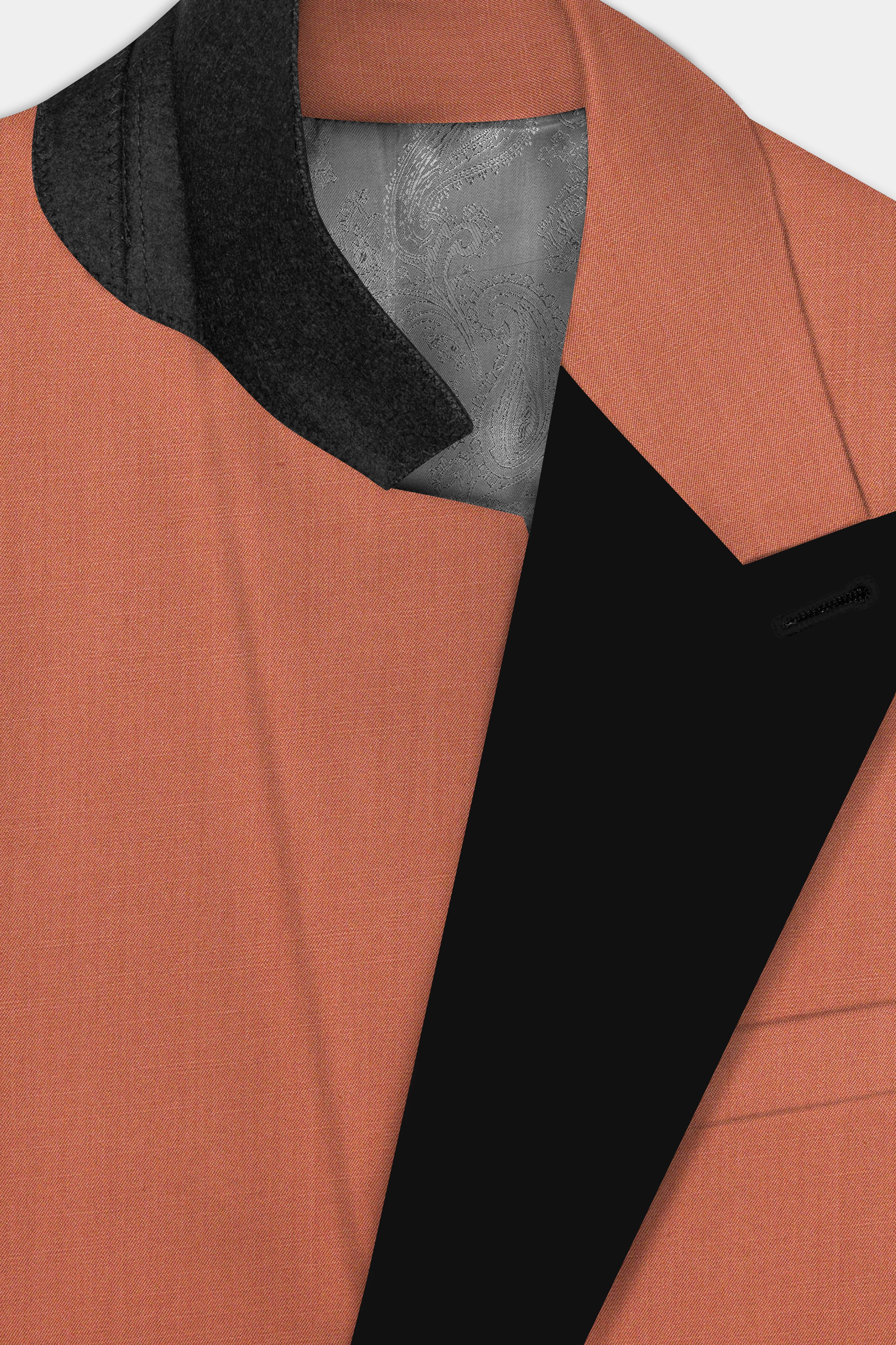 Spiced Sunset-Salmon Orange Solid Wool Rich Peak Lapel Tuxedo Slight Stretch Suit