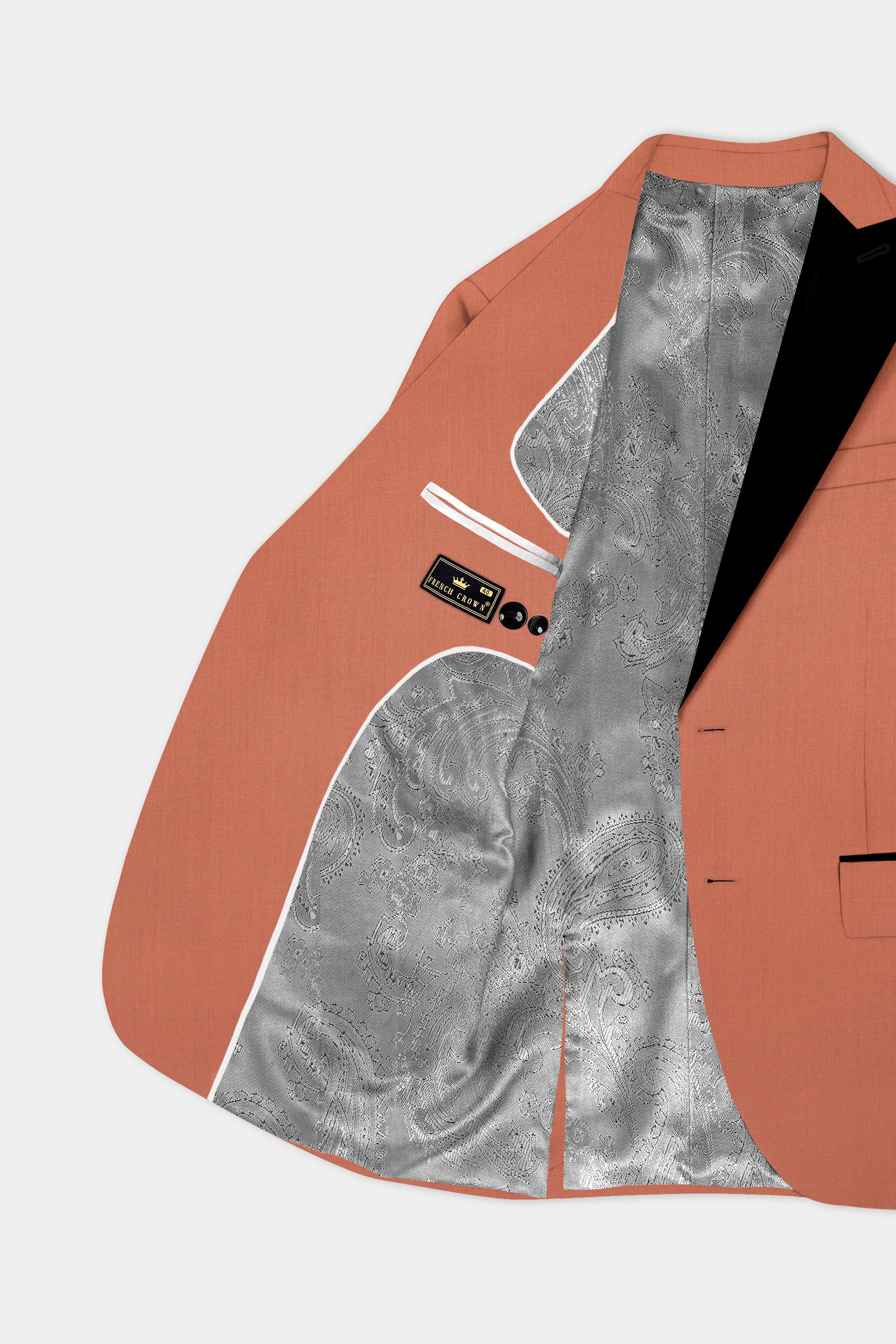 Spiced Sunset-Salmon Orange Solid Wool Rich Peak Lapel Tuxedo Slight Stretch Suit