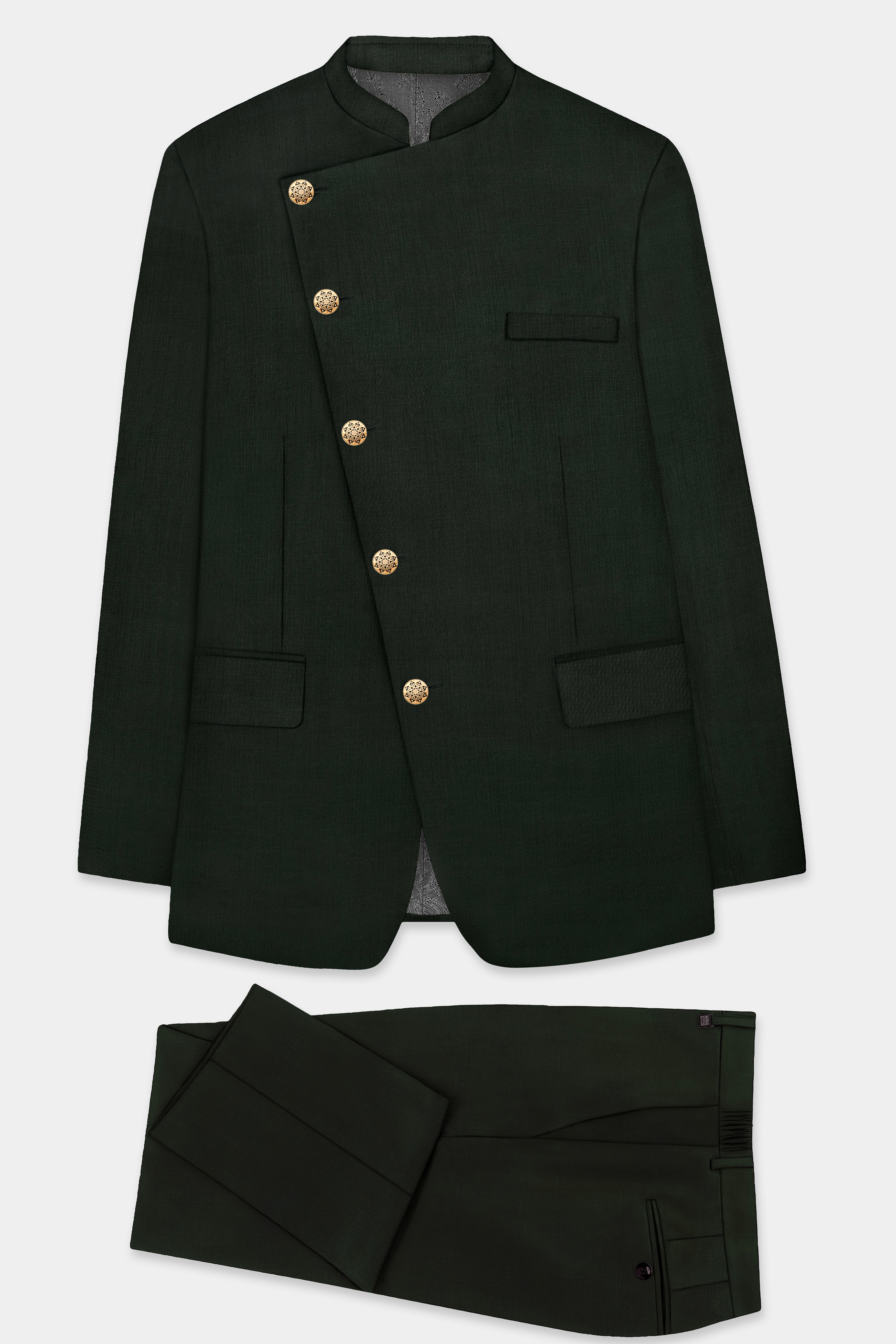 Verdant Majesty-Juniper Green Solid Wool Rich Cross Placket Bandhgala Slight Stretch Suit