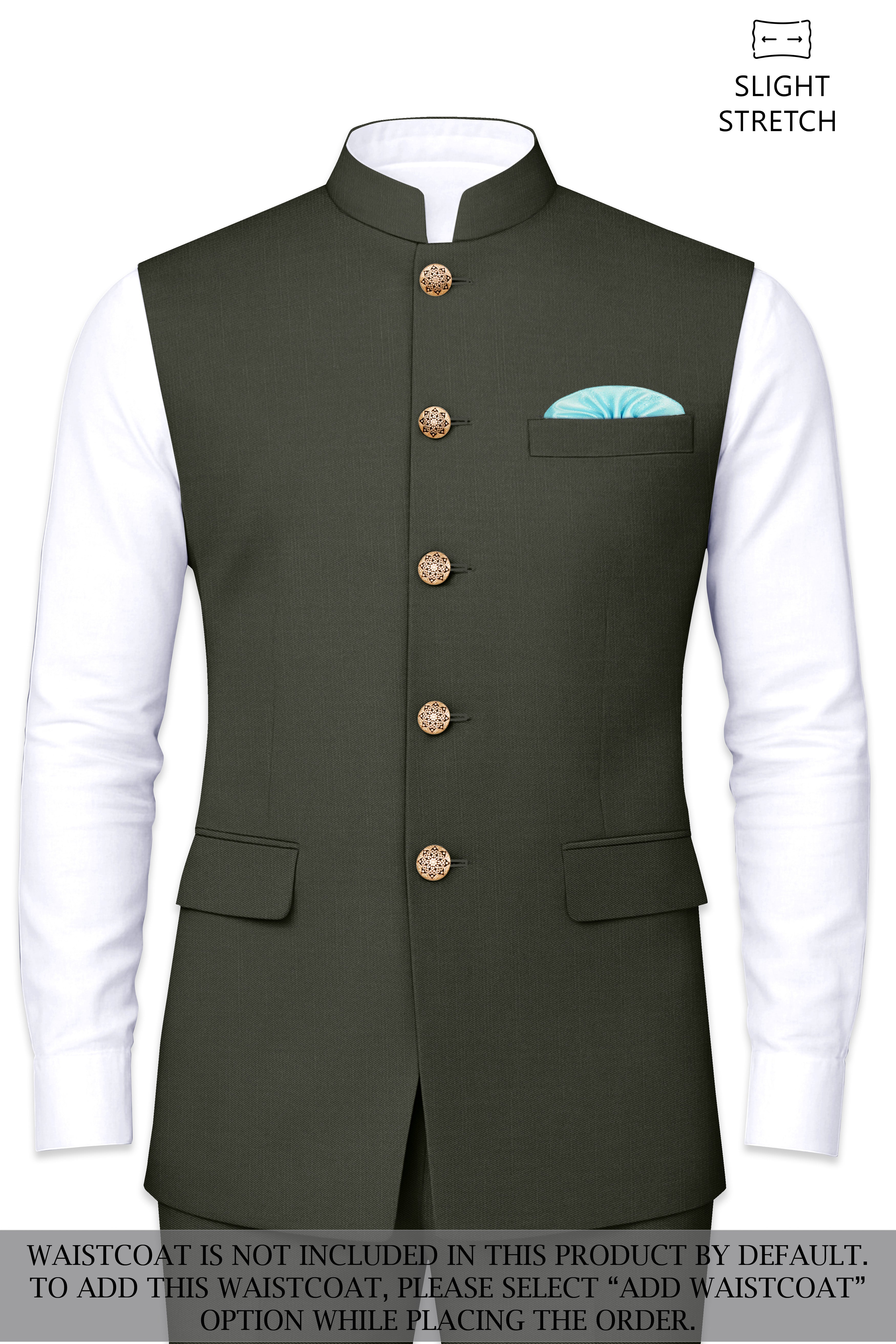 Verdant Majesty-Juniper Green Solid Wool Rich Cross Placket Bandhgala Slight Stretch Suit