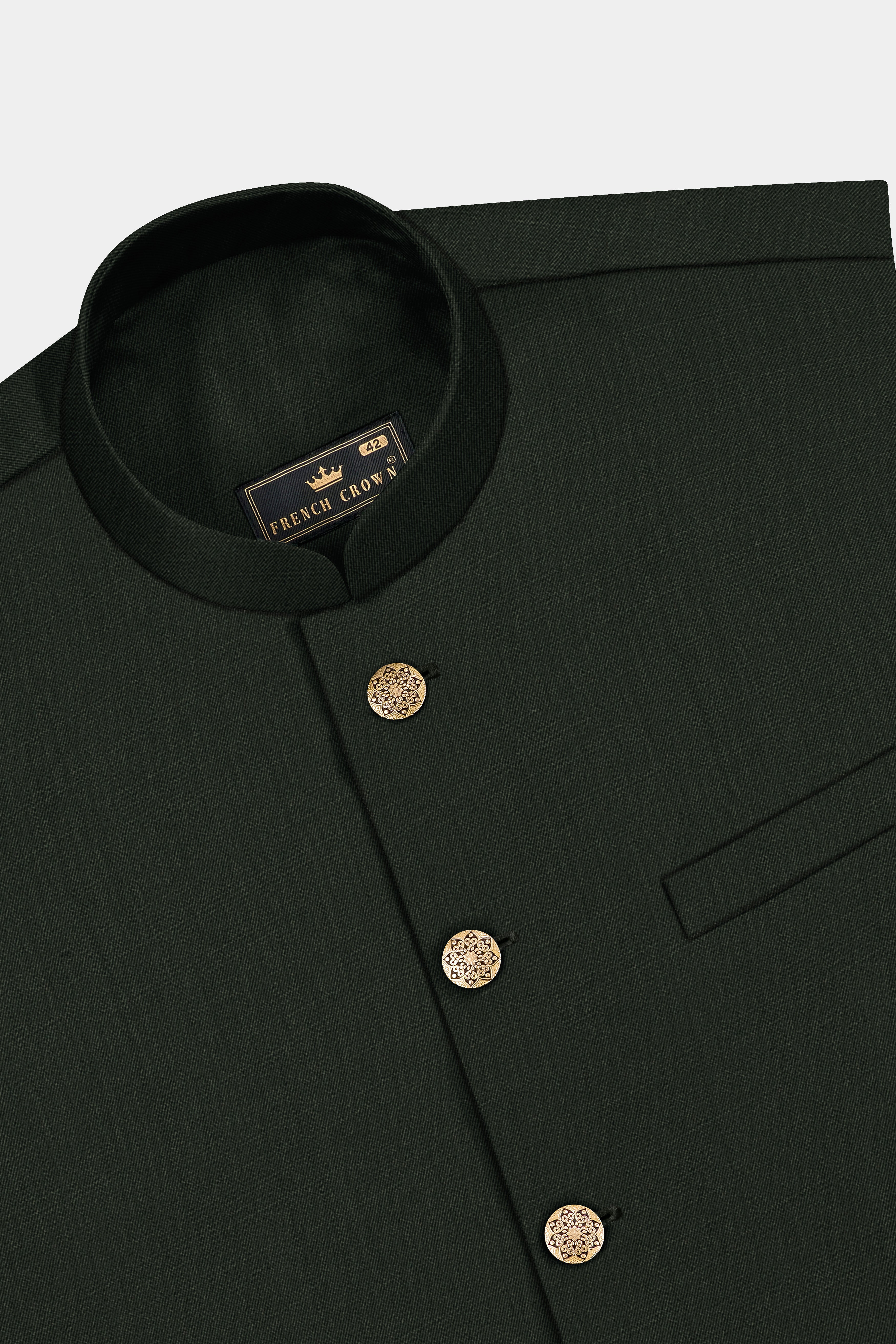 Verdant Majesty-Juniper Green Solid Wool Rich Cross Placket Bandhgala Slight Stretch Suit