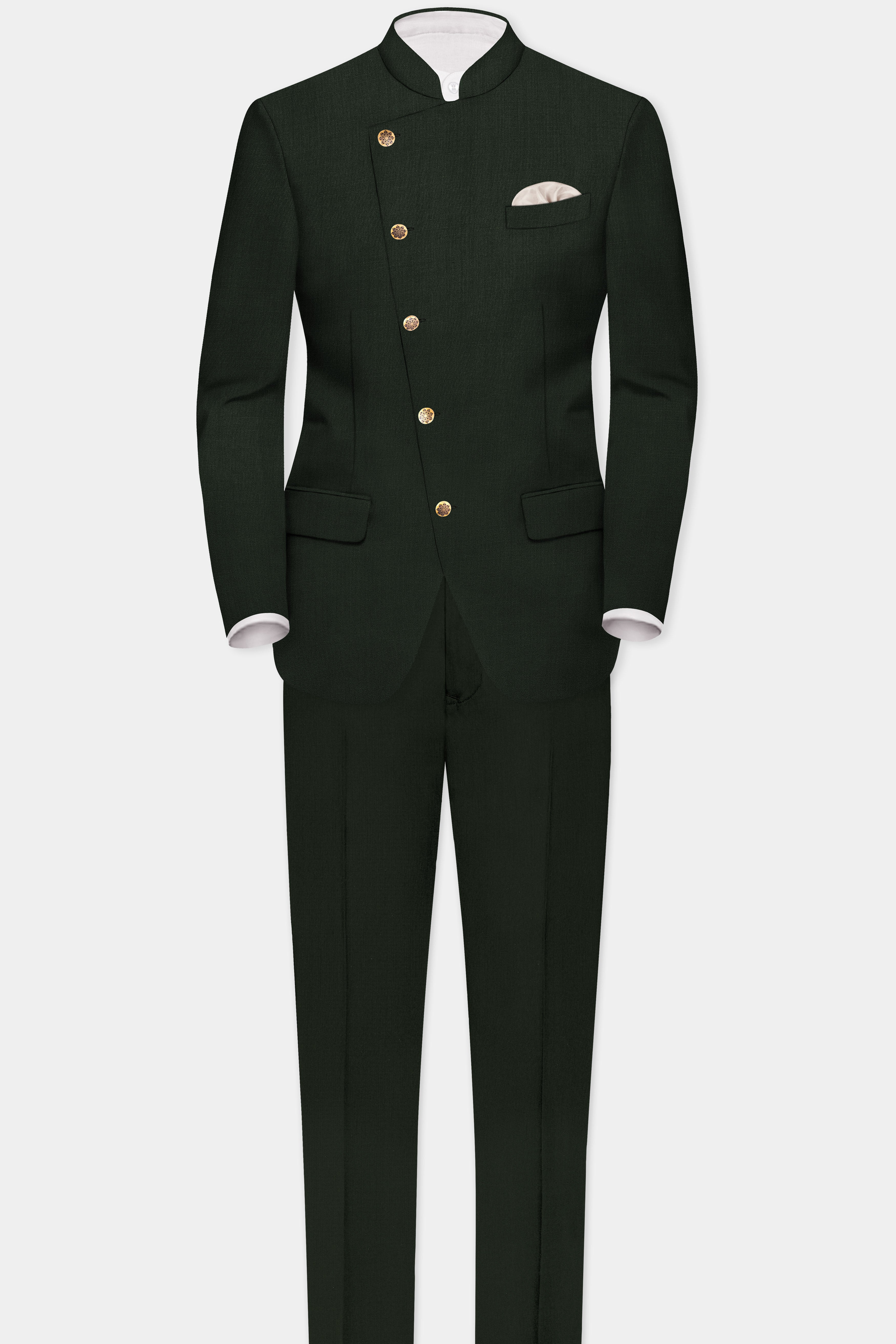 Verdant Majesty-Juniper Green Solid Wool Rich Cross Placket Bandhgala Slight Stretch Suit