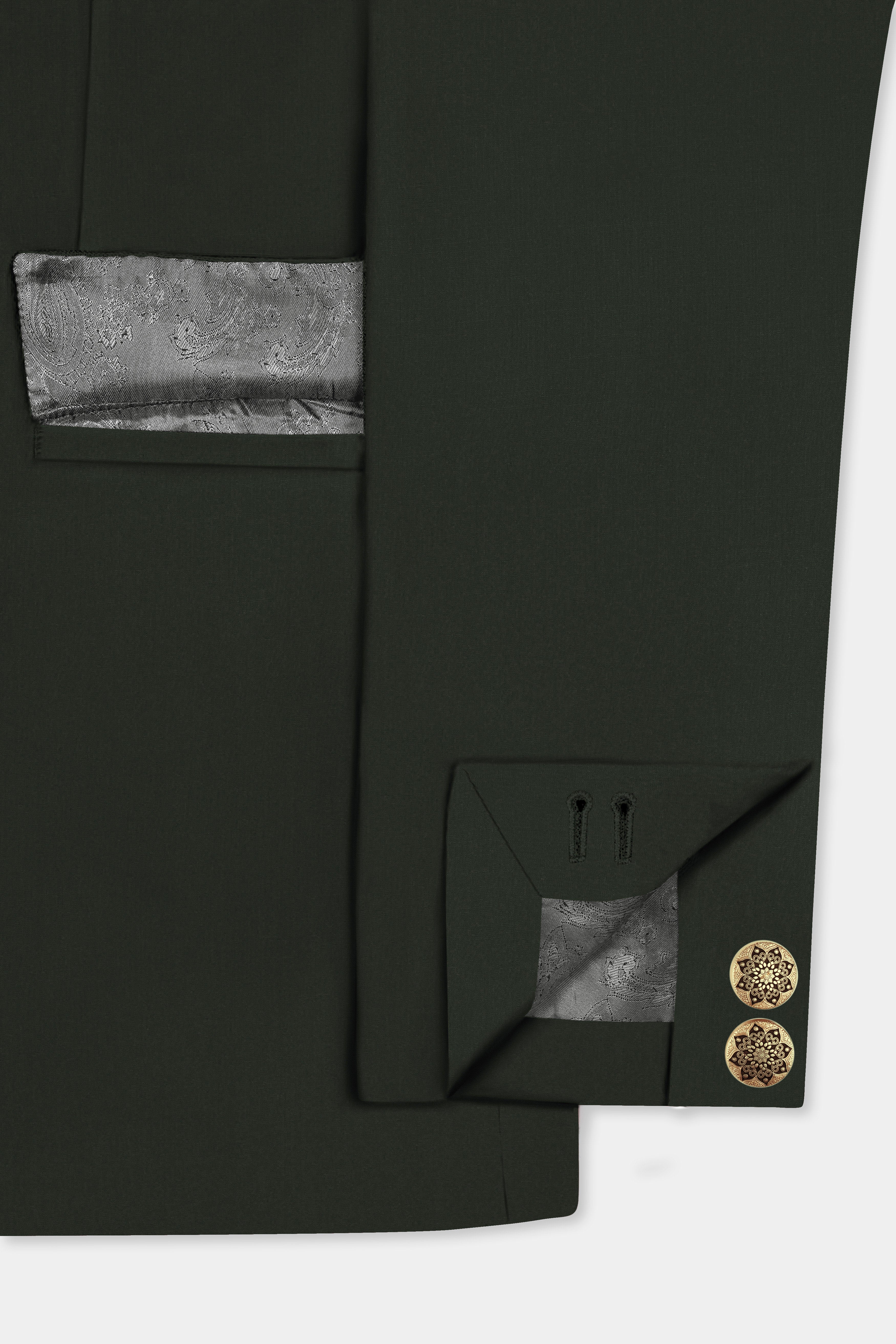 Verdant Majesty-Juniper Green Solid Wool Rich Cross Placket Bandhgala Slight Stretch Suit