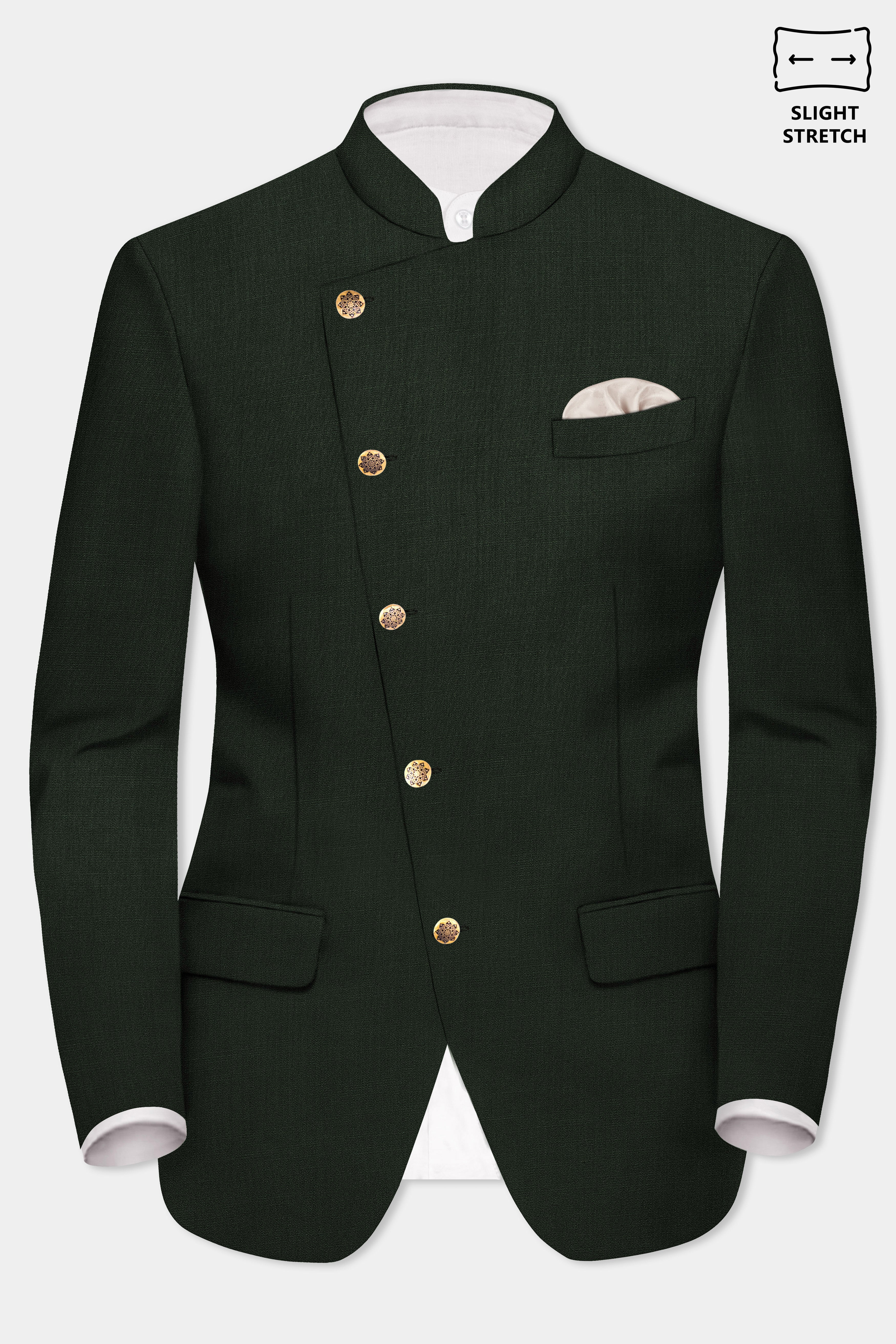 Verdant Majesty-Juniper Green Solid Wool Rich Cross Placket Bandhgala Slight Stretch Suit