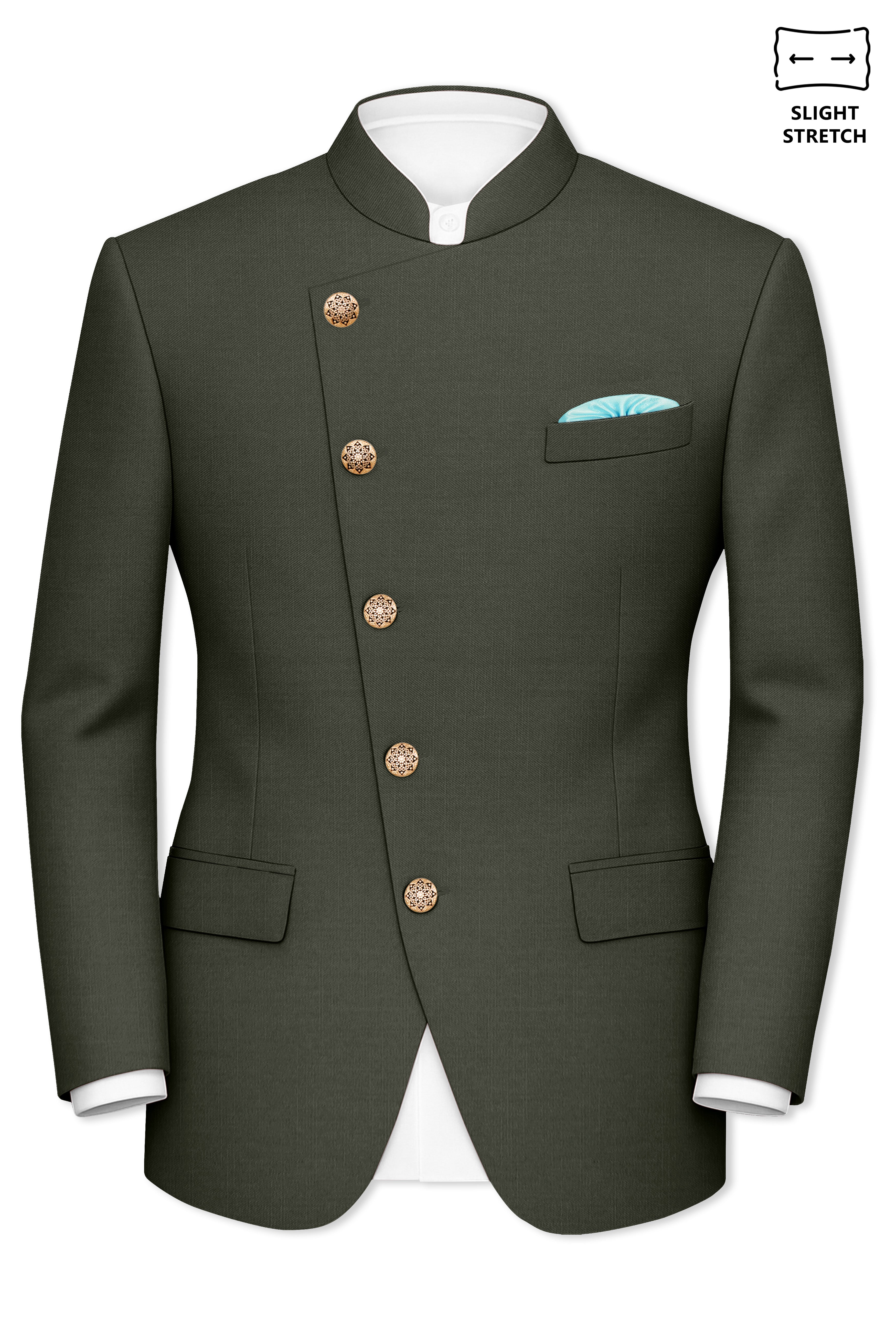 Verdant Majesty-Juniper Green Solid Wool Rich Cross Placket Bandhgala Slight Stretch Suit