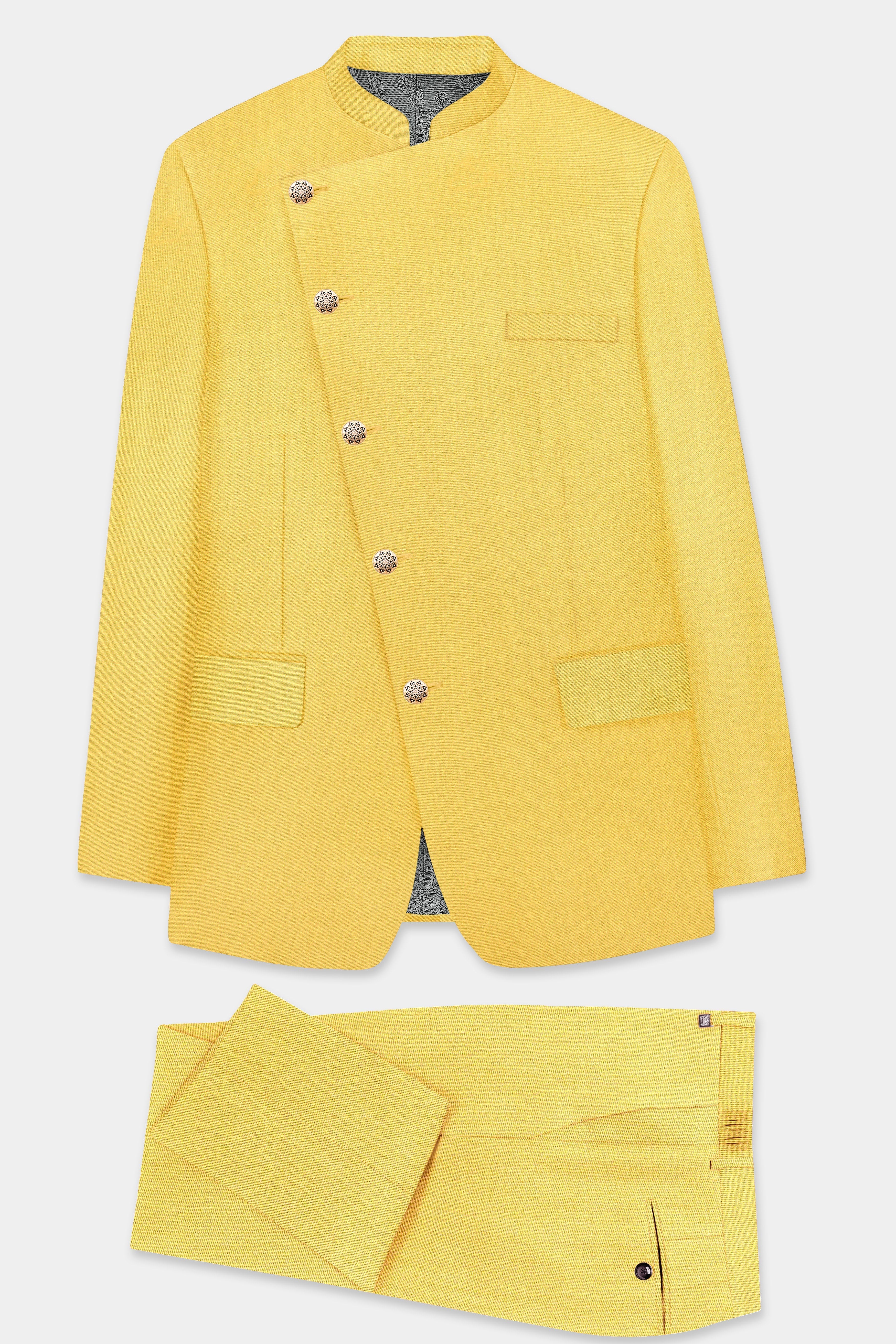 Saffron Elegance-Lemon Yellow Solid Wool Rich Cross Placket Bandhgala Stretchable traveler Suit