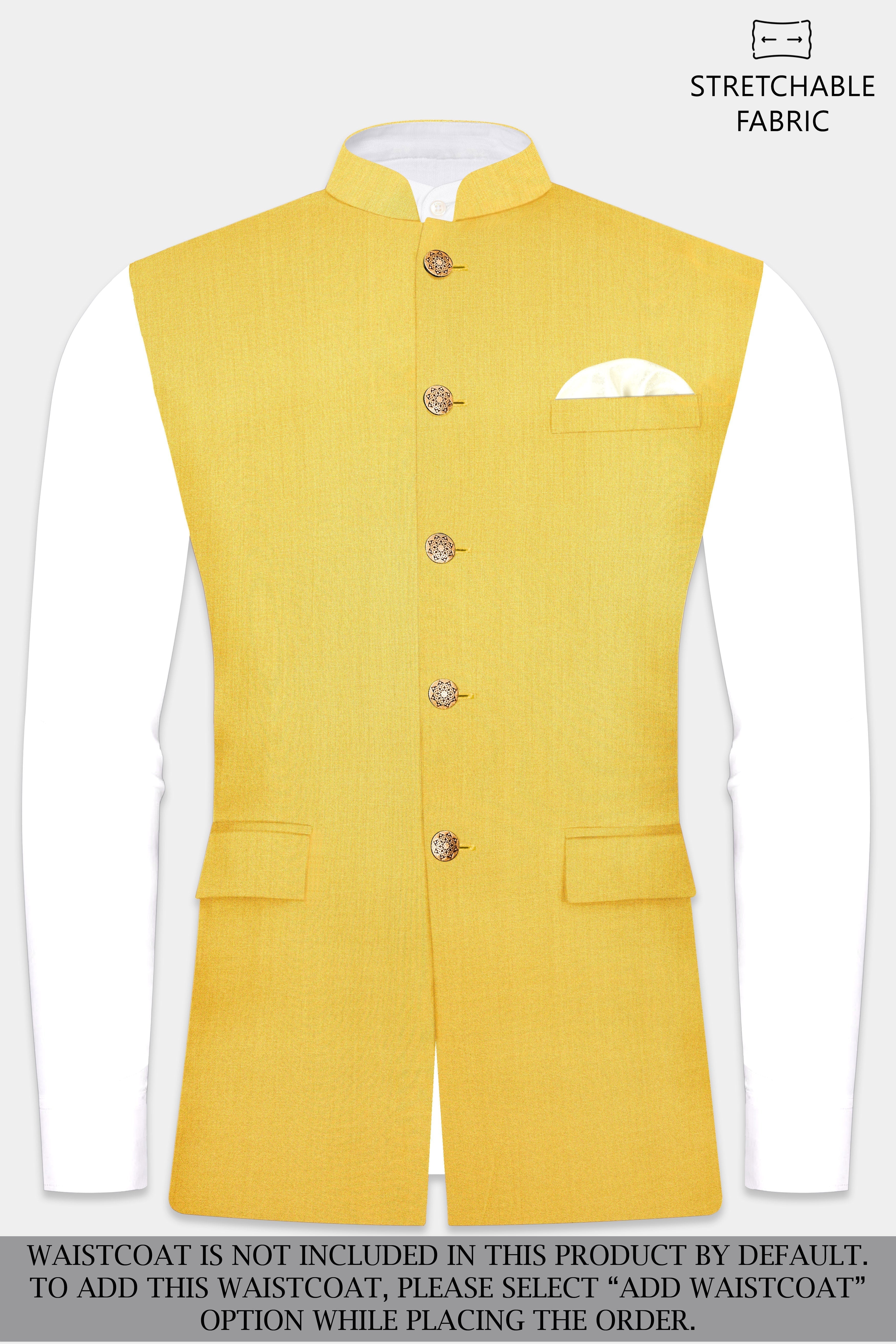 Saffron Elegance-Lemon Yellow Solid Wool Rich Cross Placket Bandhgala Stretchable traveler Suit