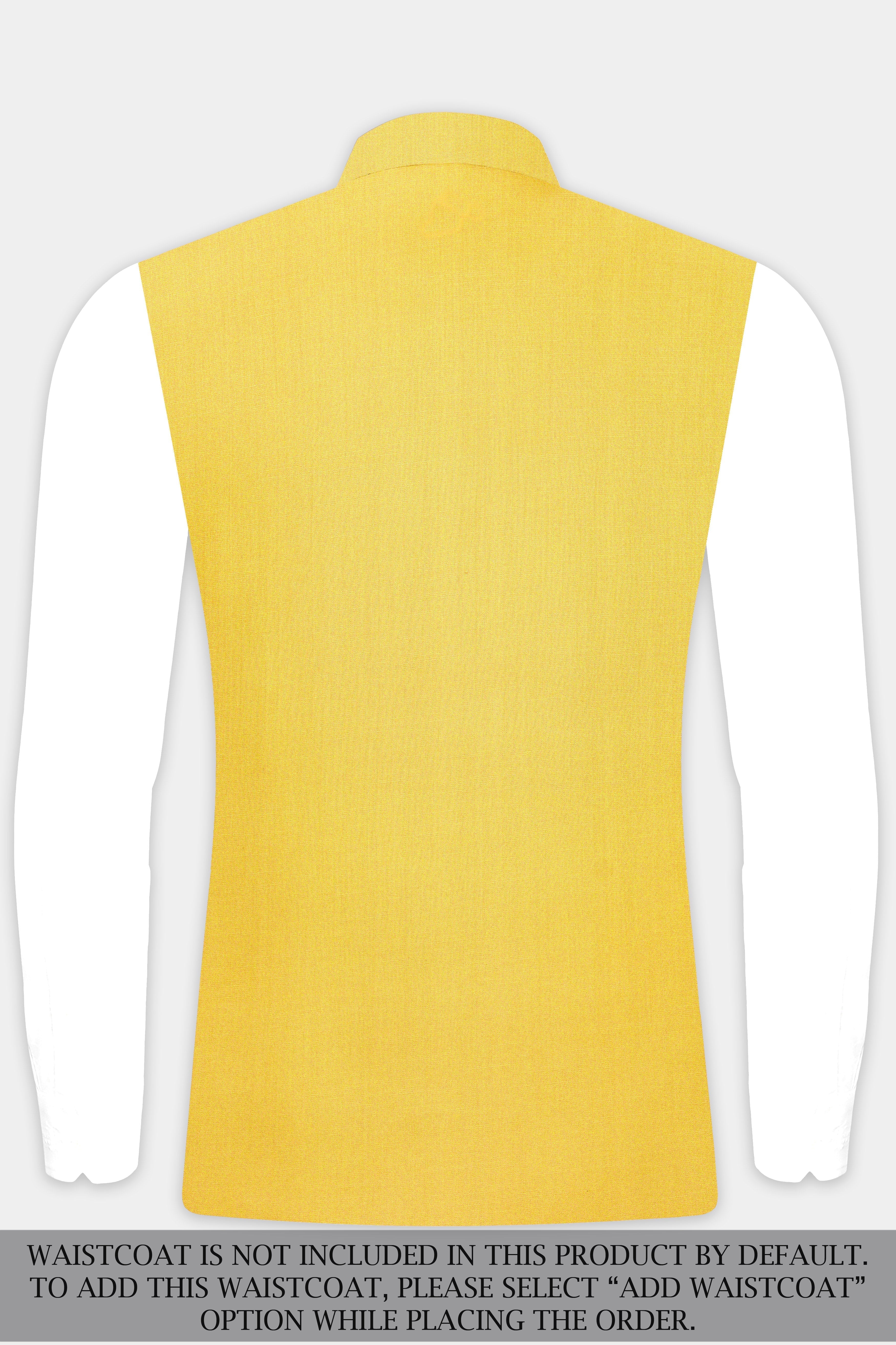 Saffron Elegance-Lemon Yellow Solid Wool Rich Cross Placket Bandhgala Stretchable traveler Suit