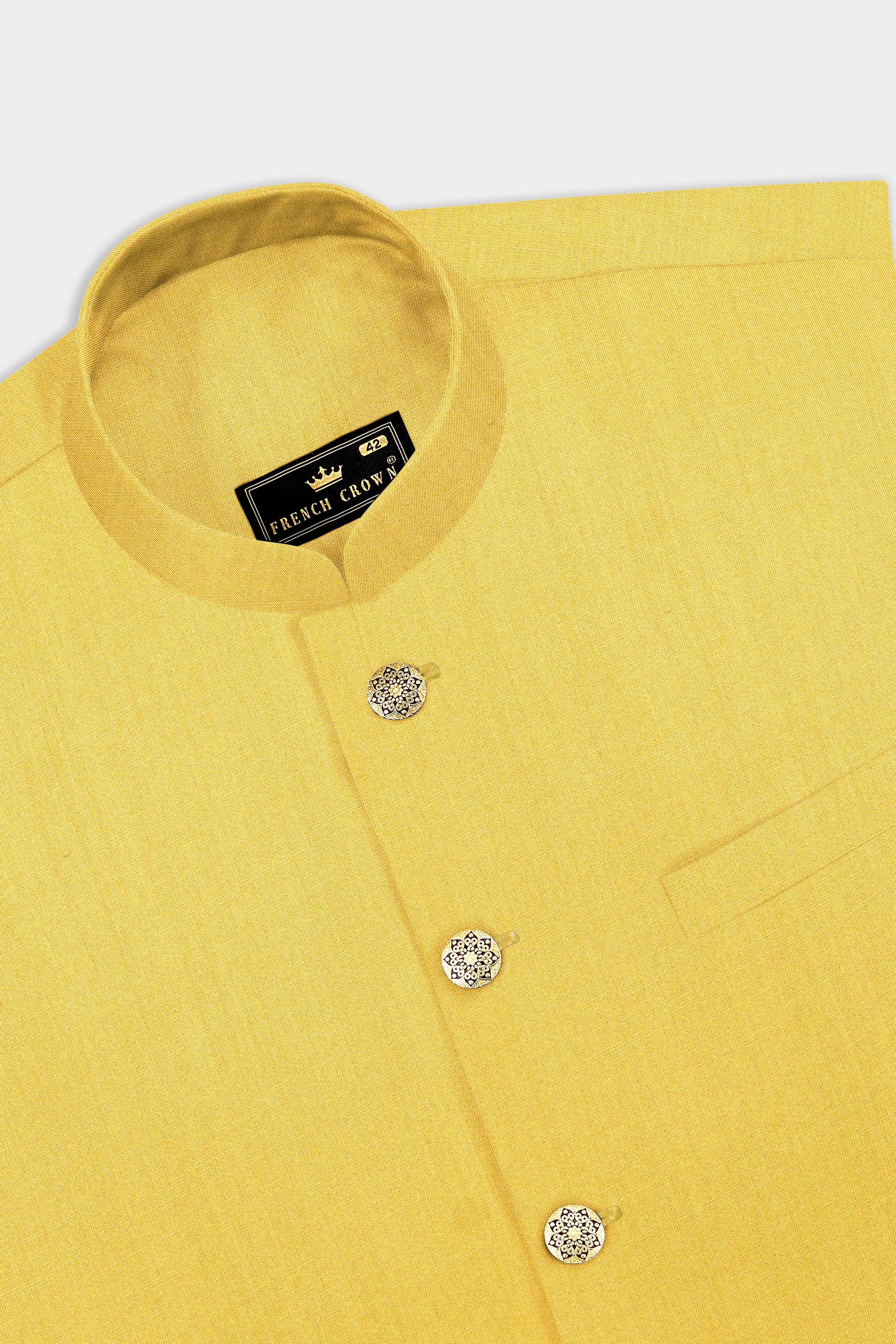 Saffron Elegance-Lemon Yellow Solid Wool Rich Cross Placket Bandhgala Stretchable traveler Suit