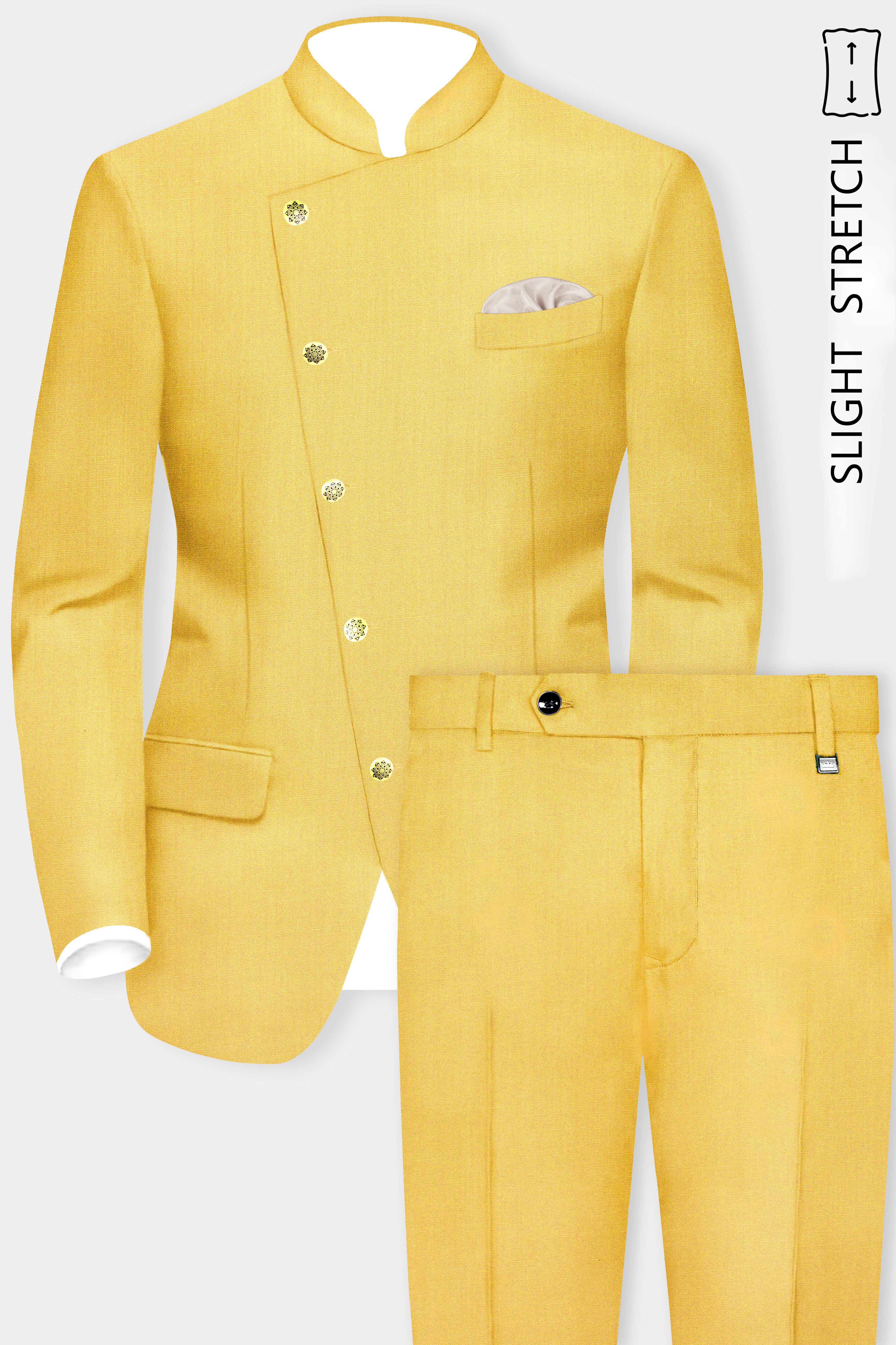 Saffron Elegance-Lemon Yellow Solid Wool Rich Cross Placket Bandhgala Slight Stretch Suit